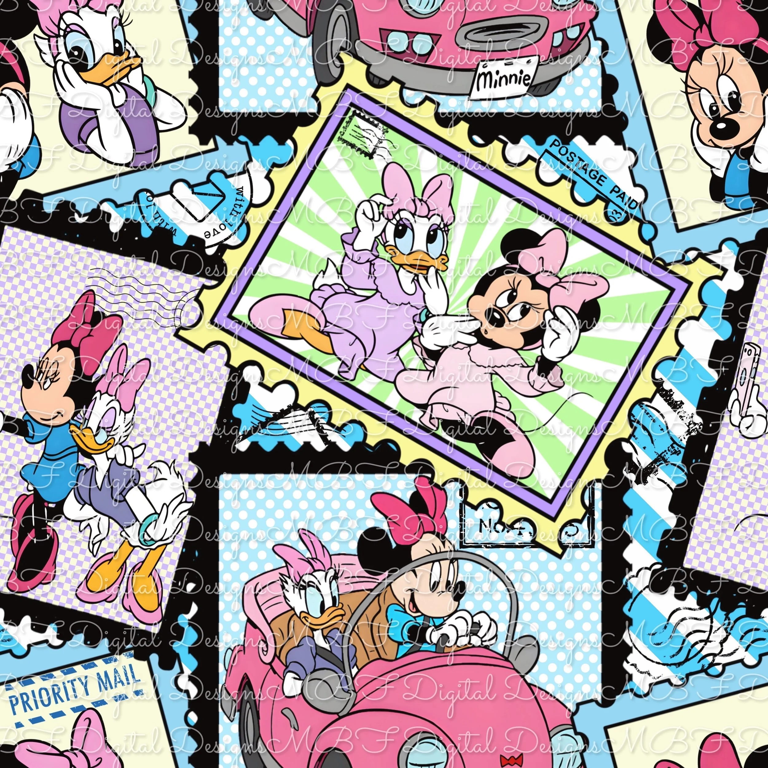 Minnie and Daisy Stamps (bright blue striped color way)