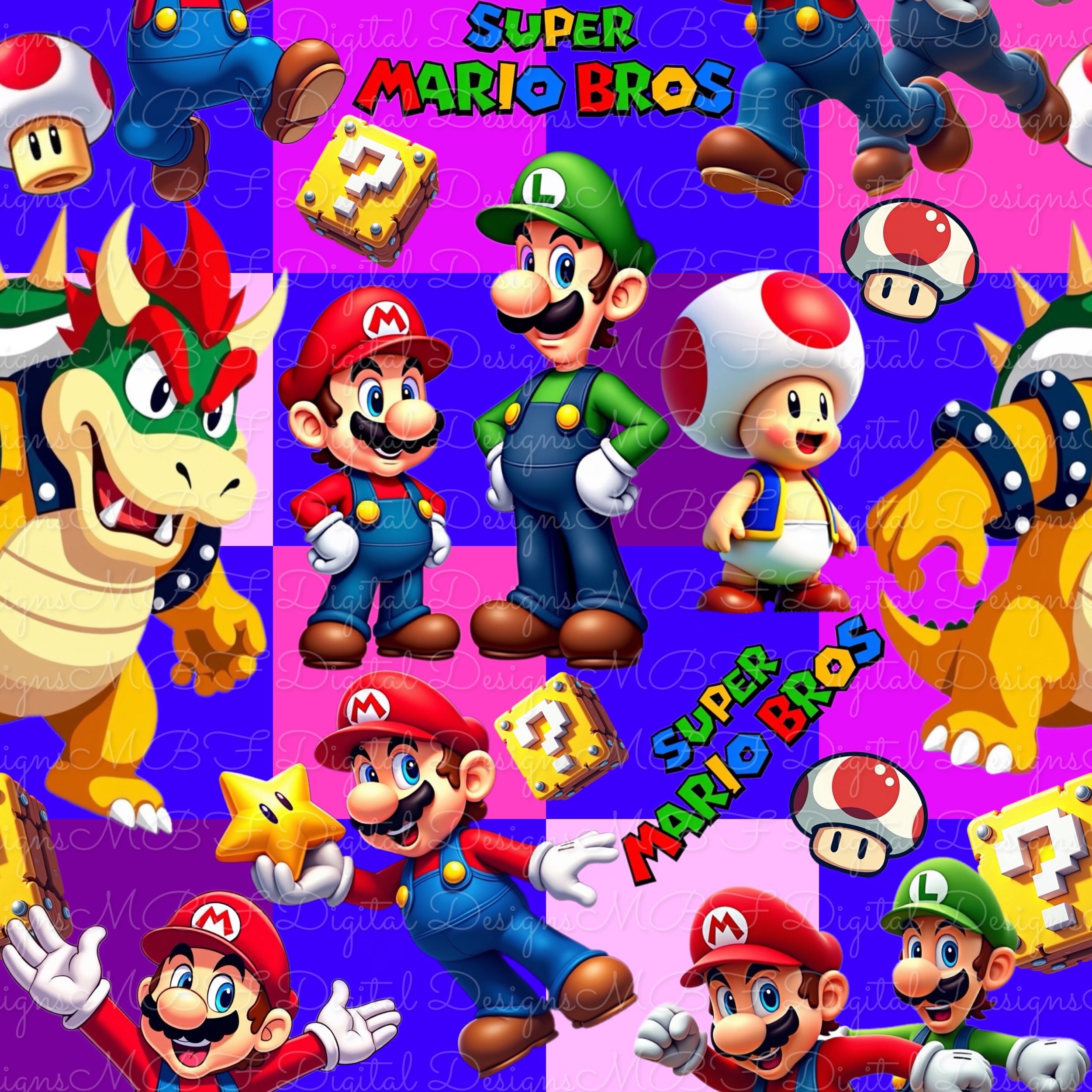 Super Bros (blue, pink, purple checked color way)