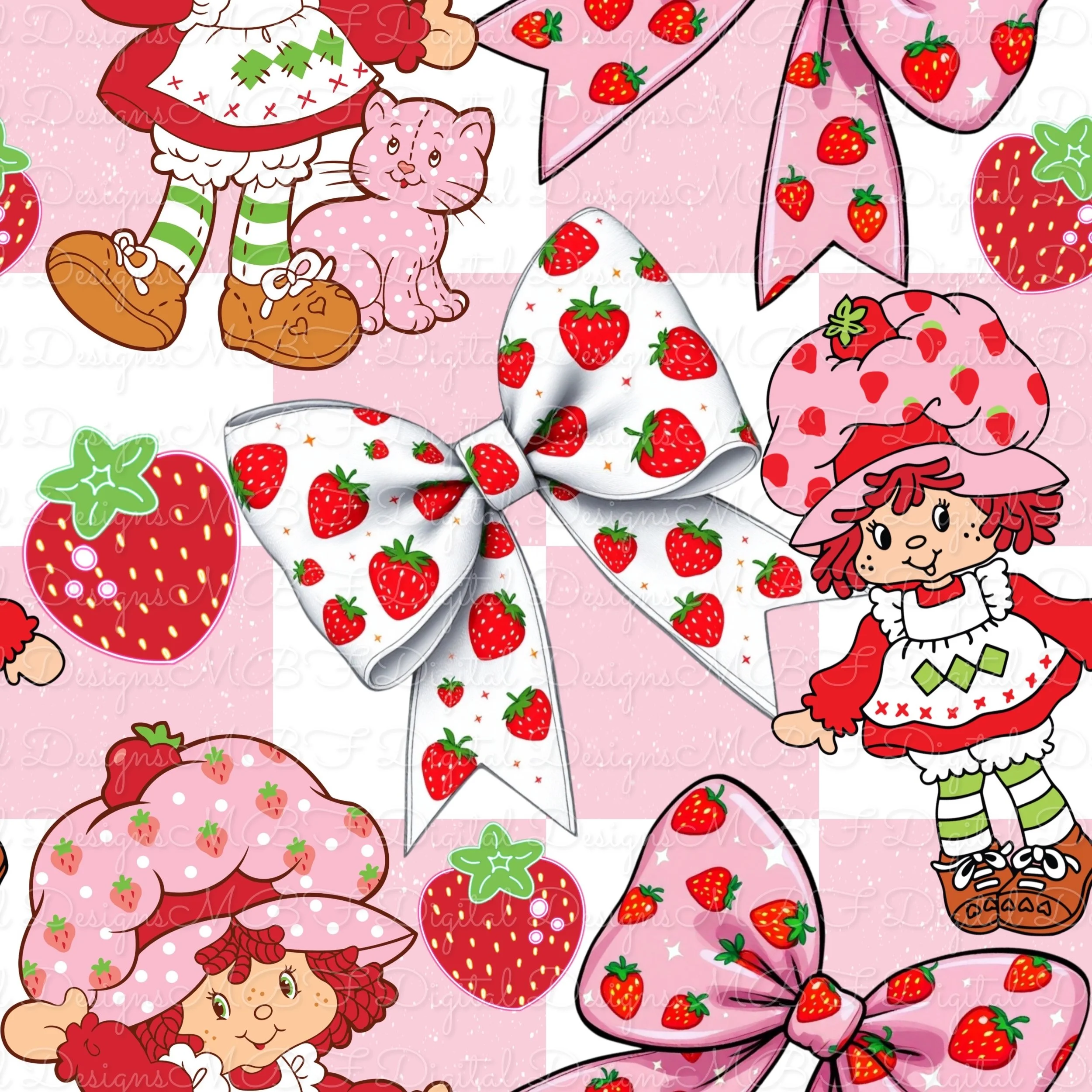Vintage Strawberry Bows (pink and white checked flecked color way)