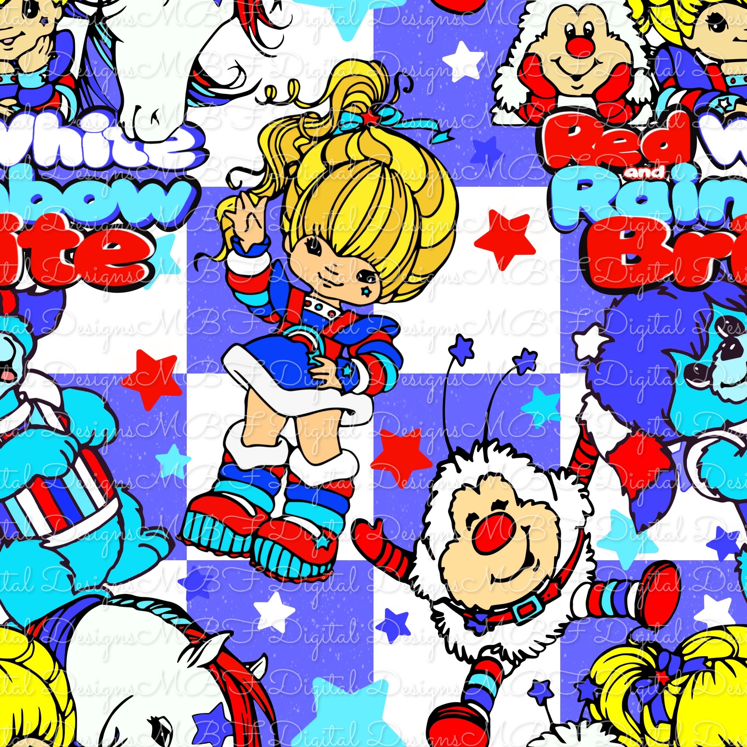 Red, White and Rainbow Brite ( blue checked color way)