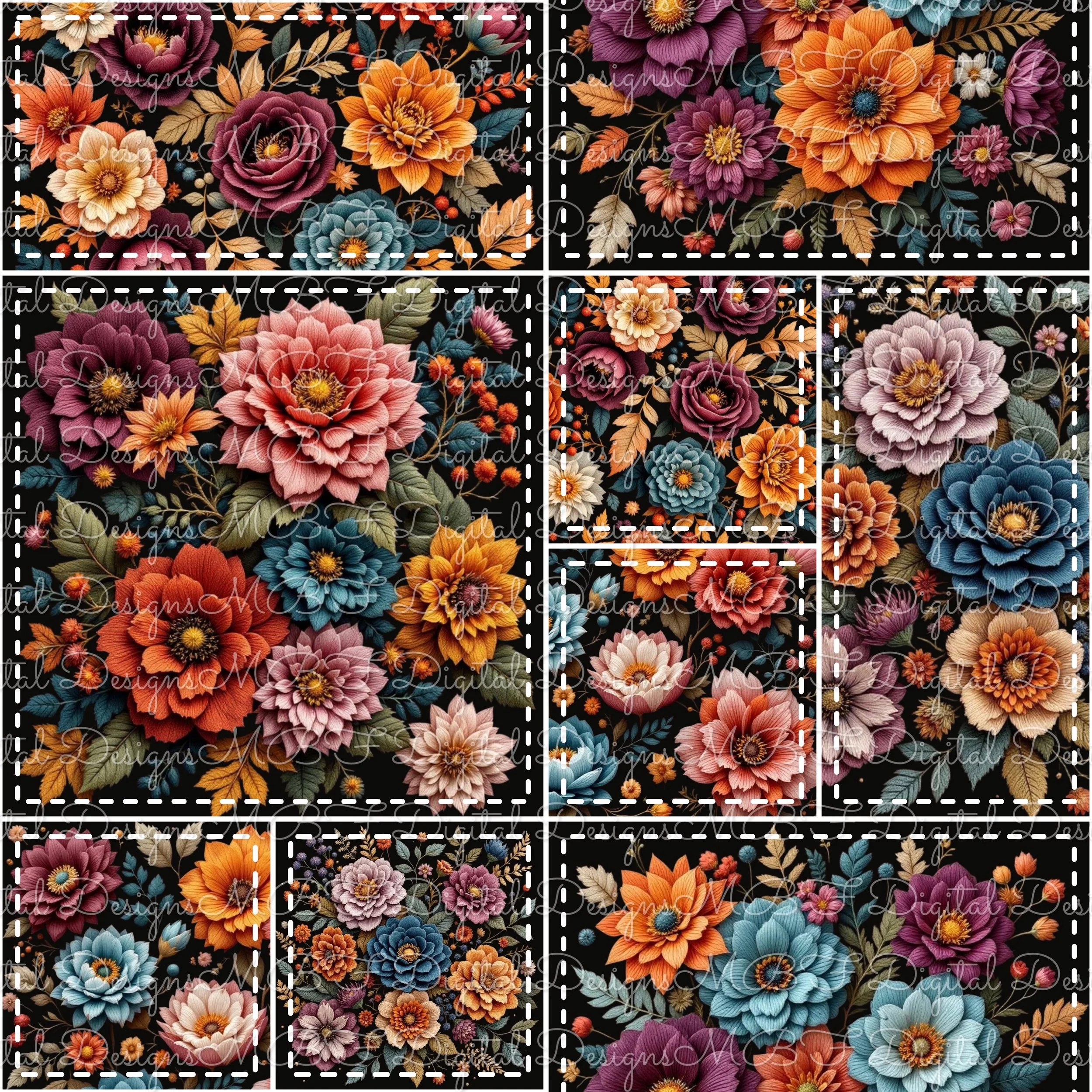 Embroidered Floral Patchwork (white stitches color way)