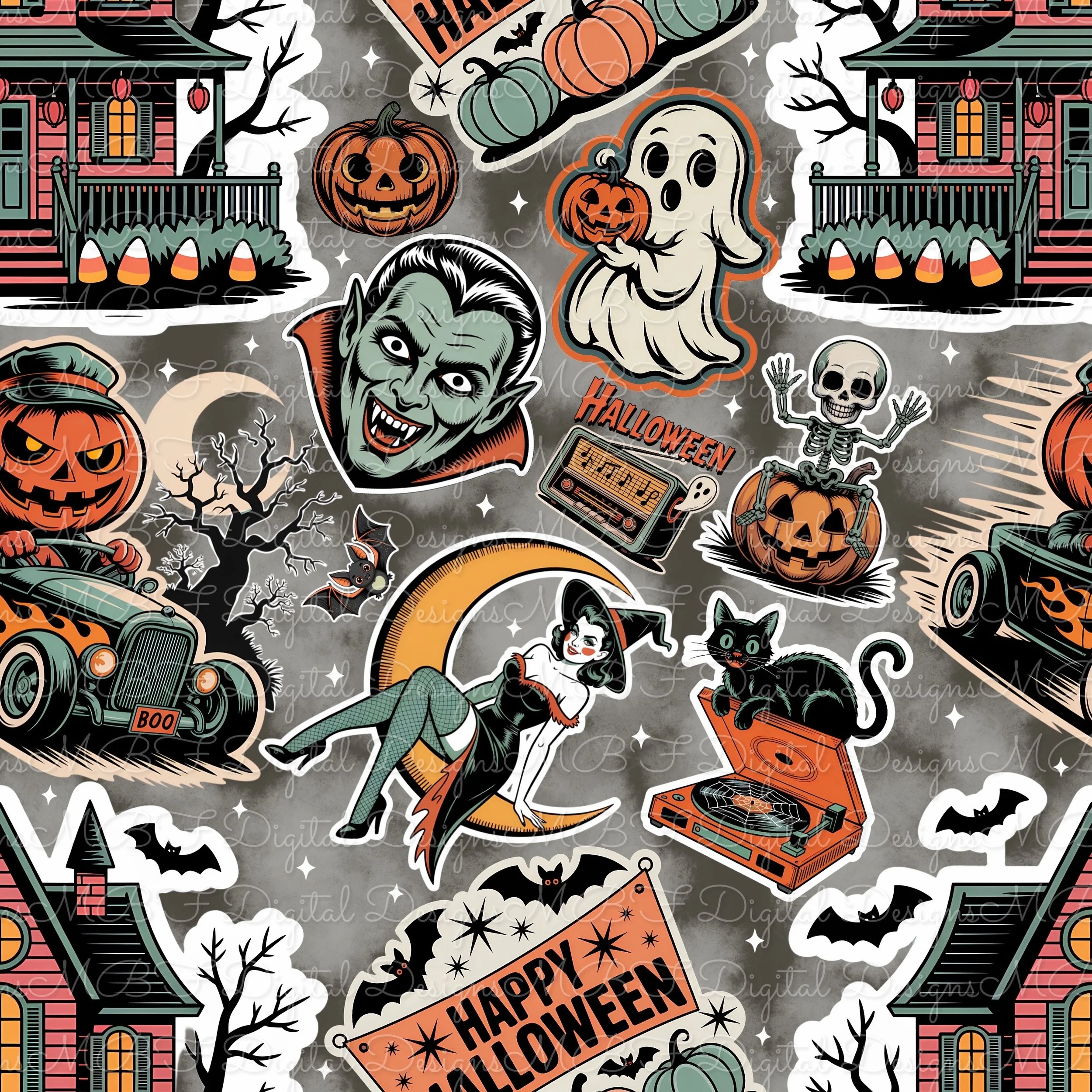 Retro Halloween Stickers ( vintage gray color way)