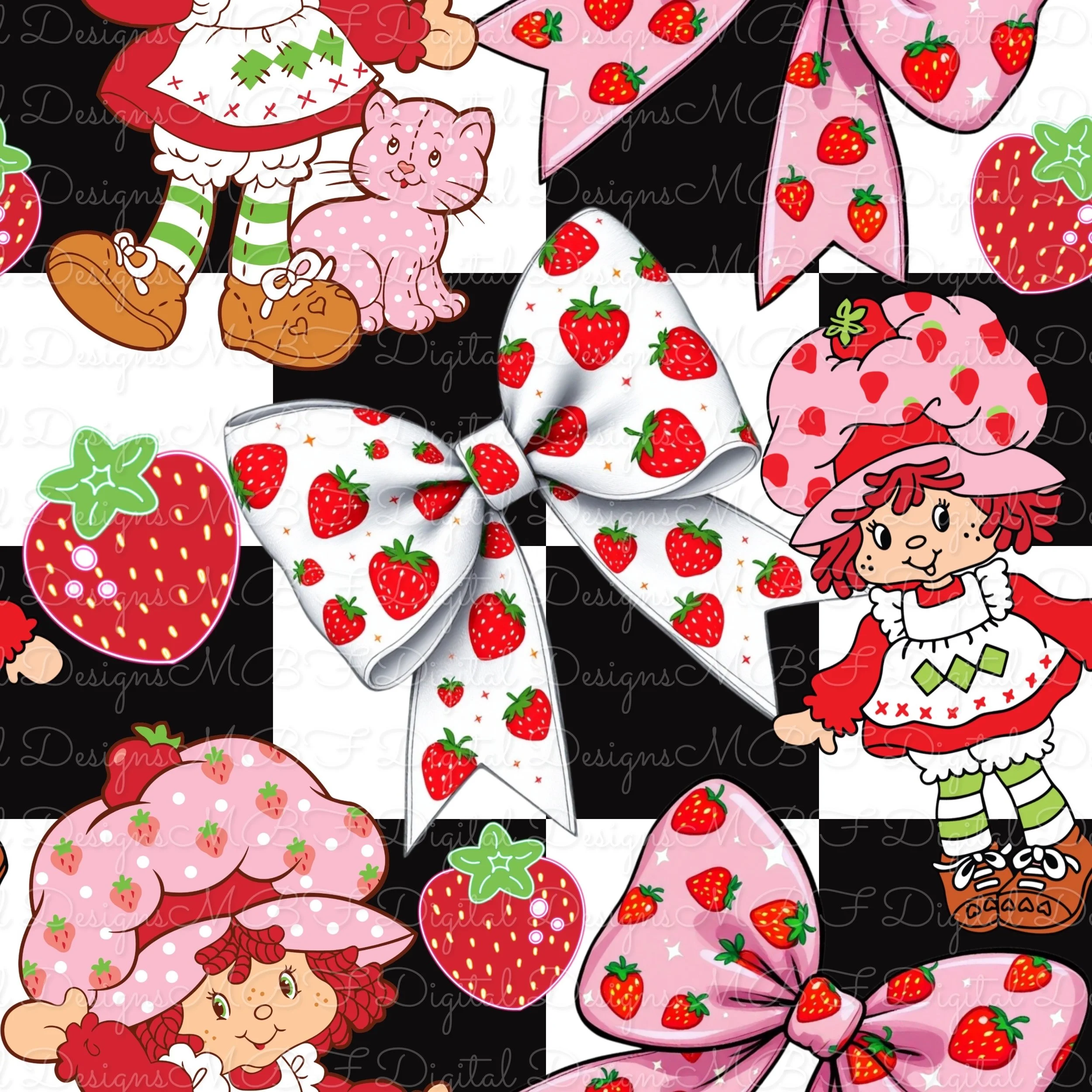 Vintage Strawberry Bows (black and white checked color way)