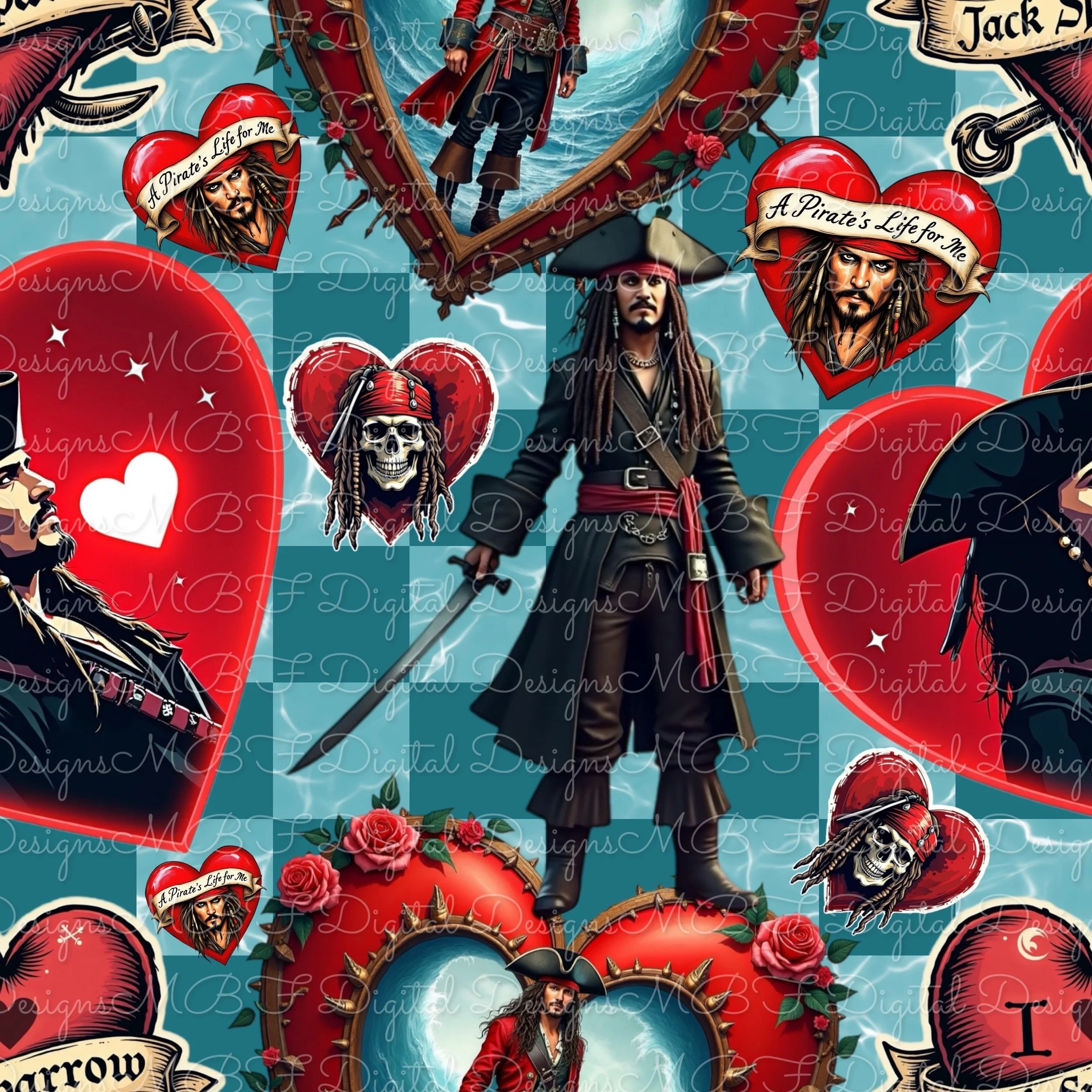 Pirate Love (aqua and teal checked color way)