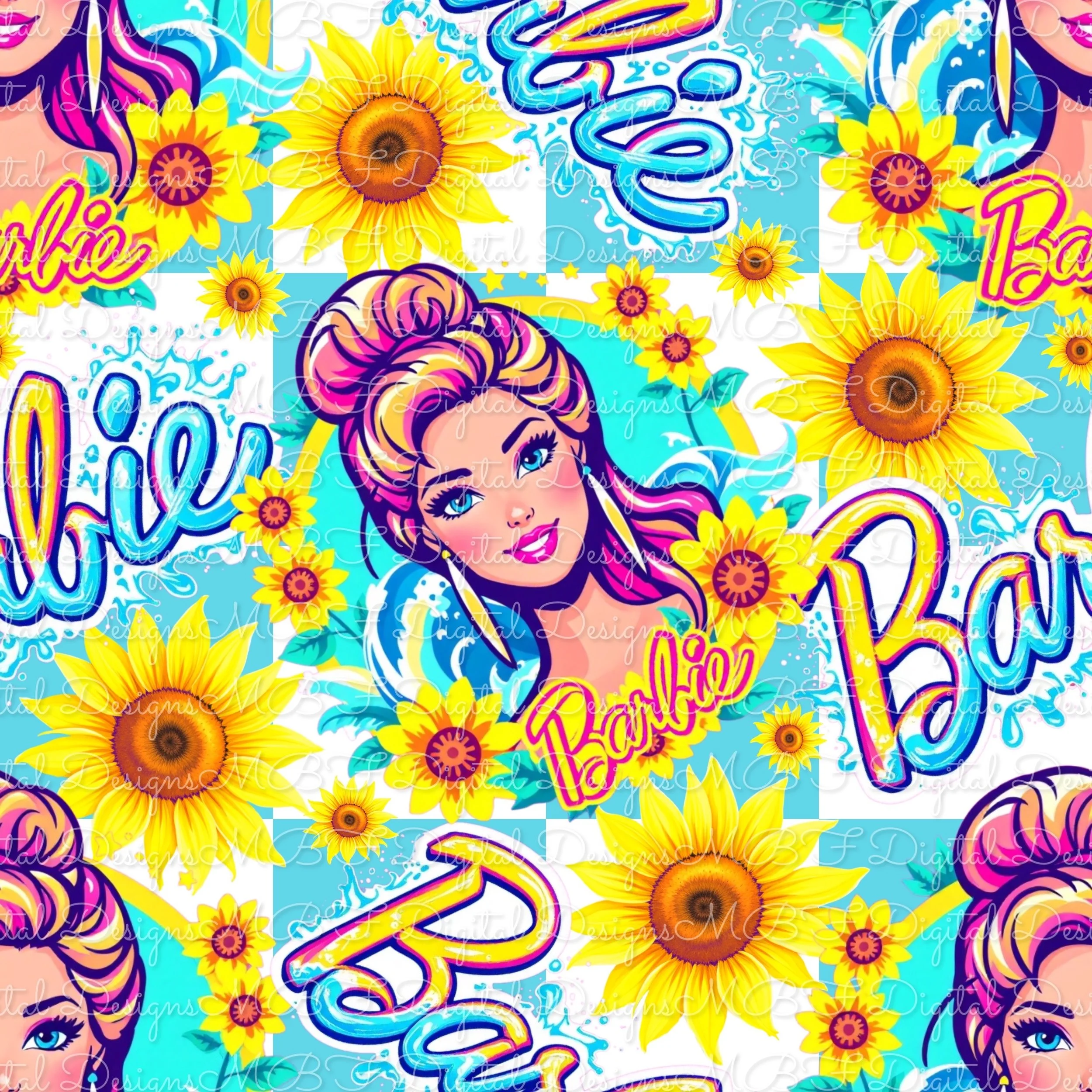 Summer Sunflower Barb-ie (ocean blue and white checked color way)