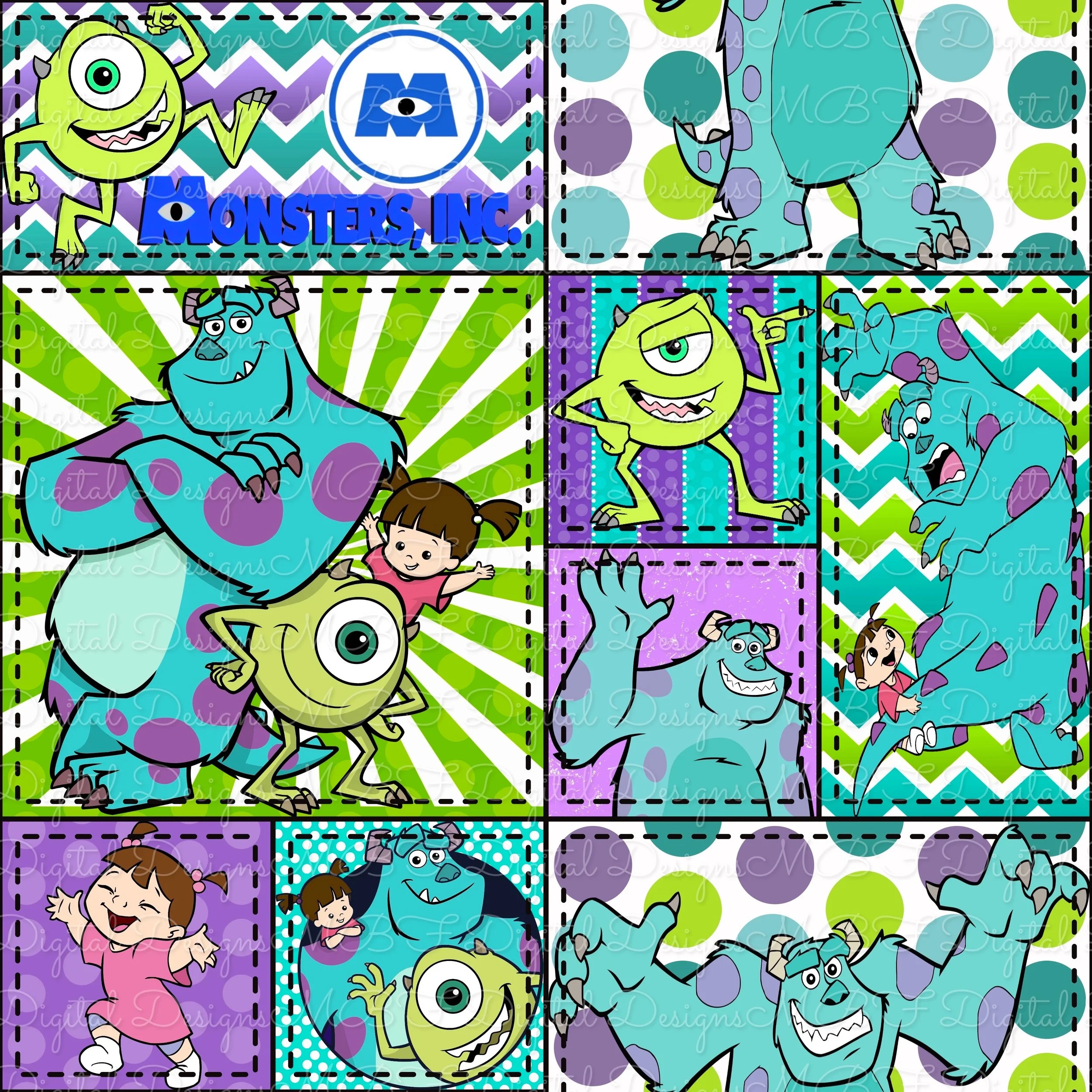 Monsters Inc Patchwork (black stitches color way)