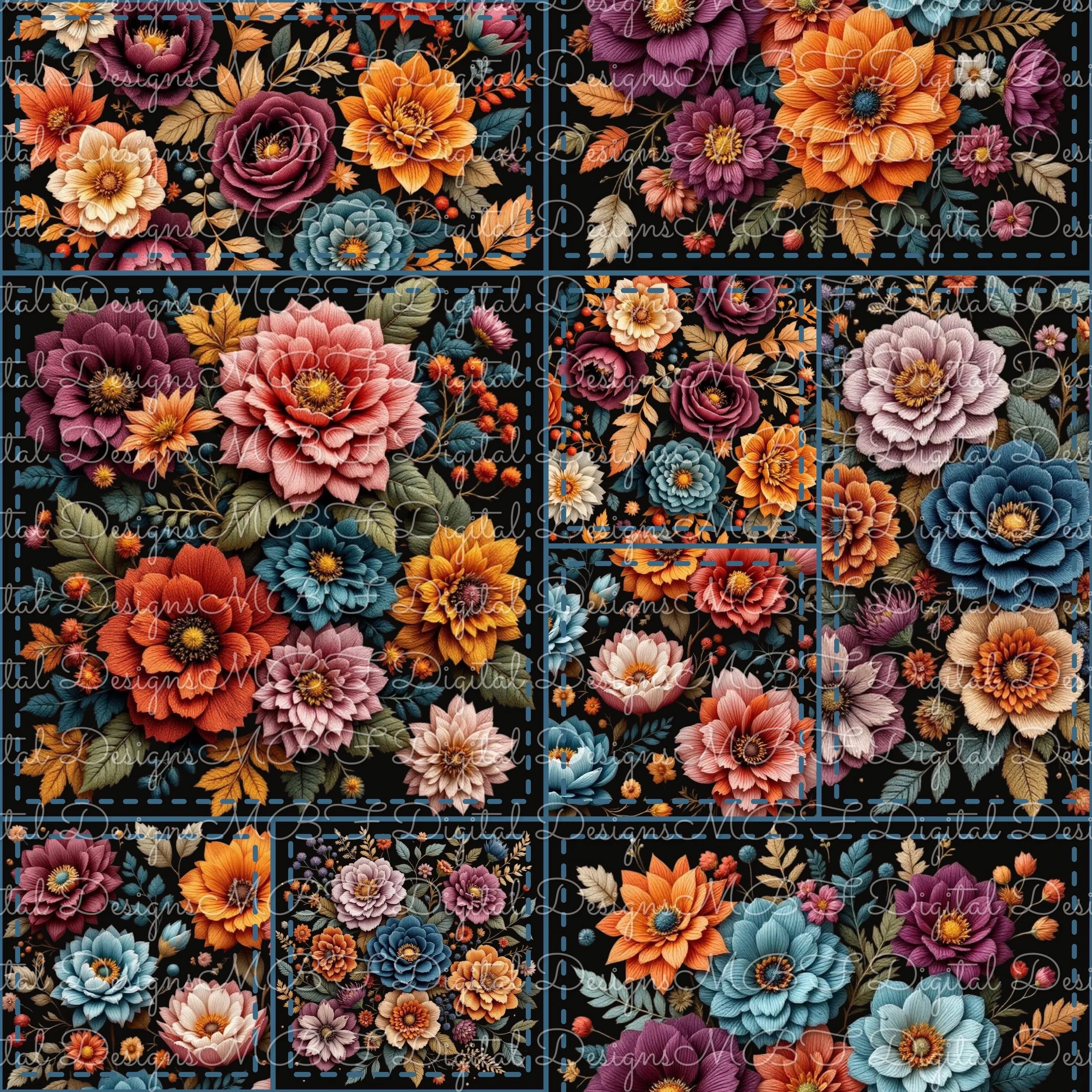 Embroidered Floral Patchwork (teal stitches color way)