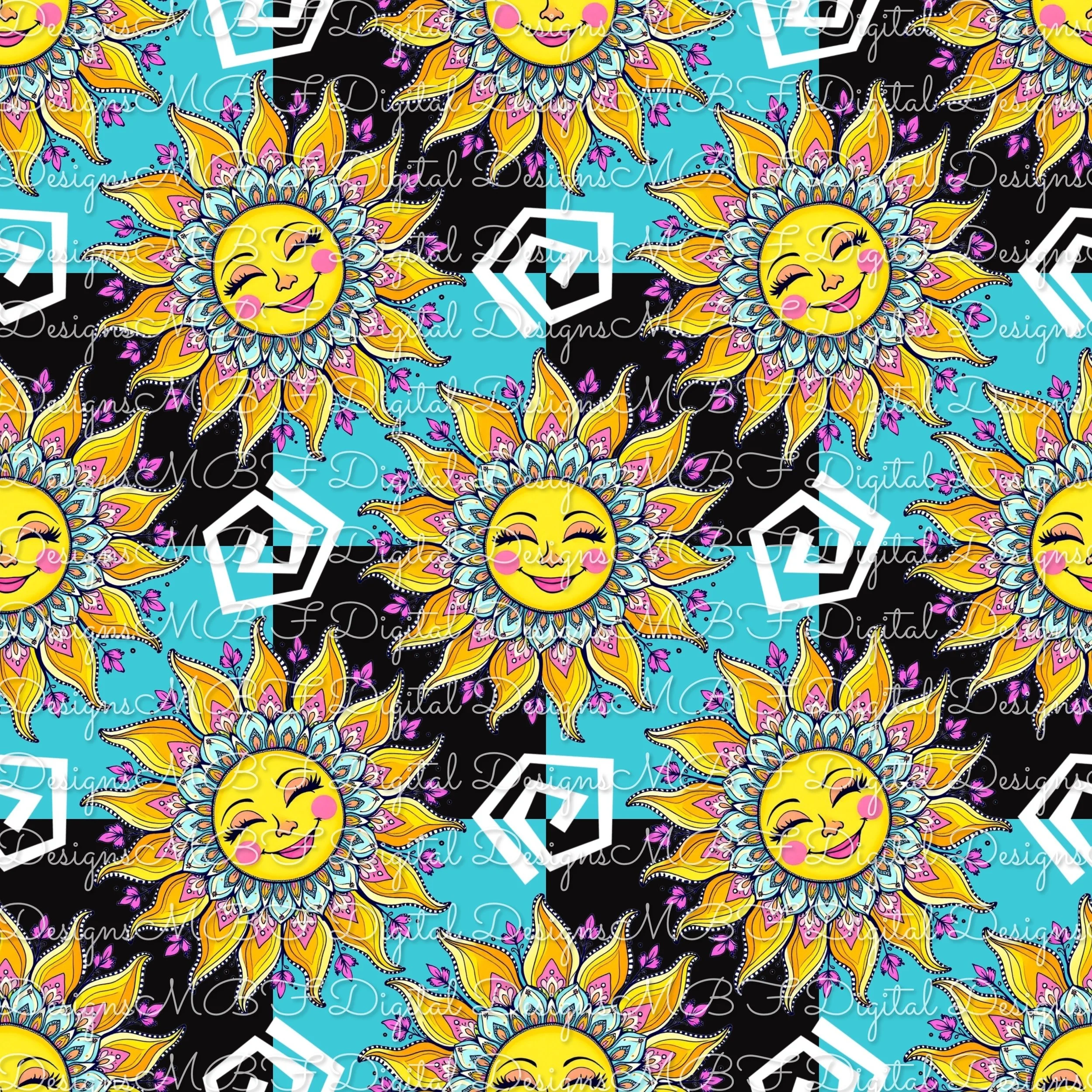 Smiling Boho Suns (black and blue checked color way)