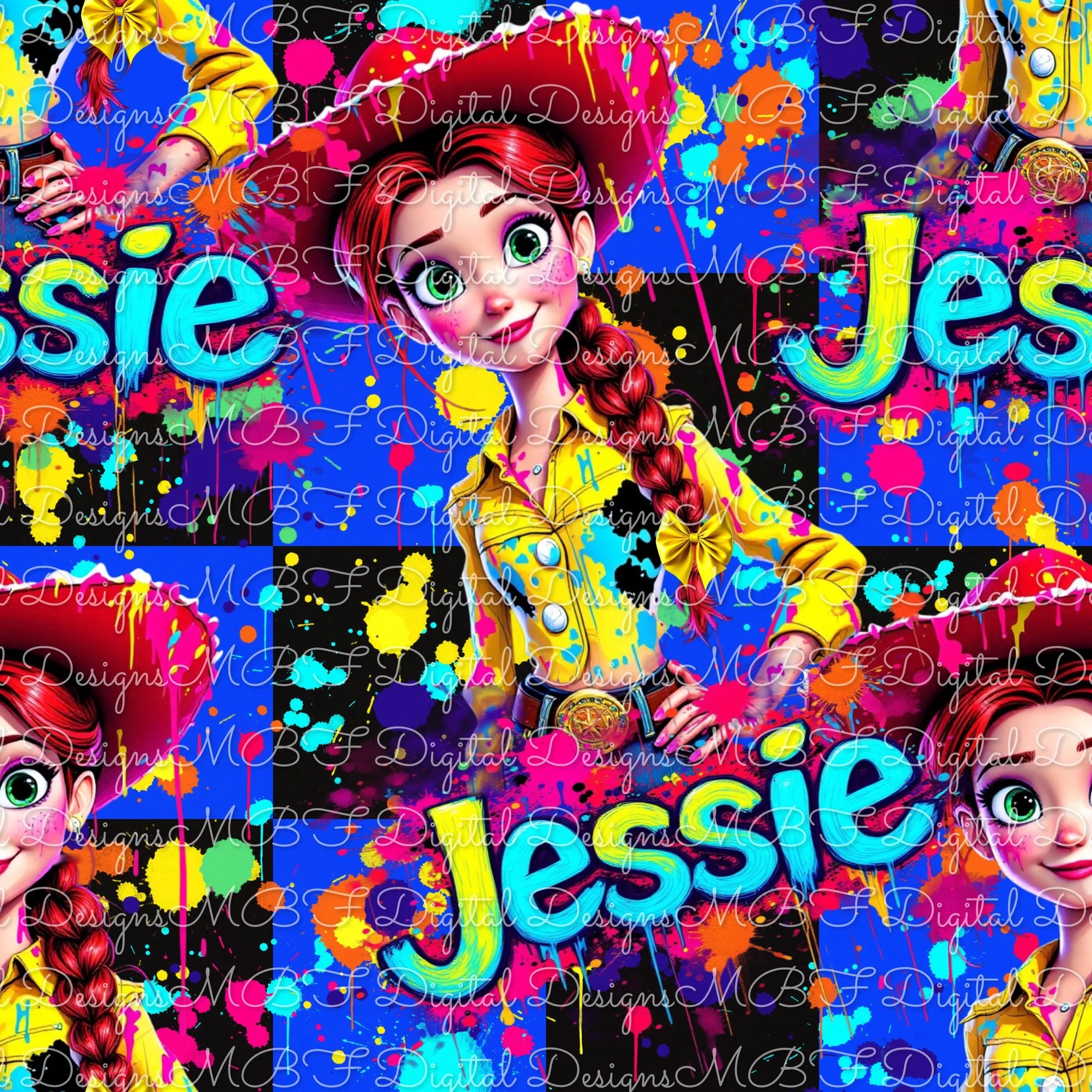 Neon Splatter Jessie (black and blue checked checked color way)