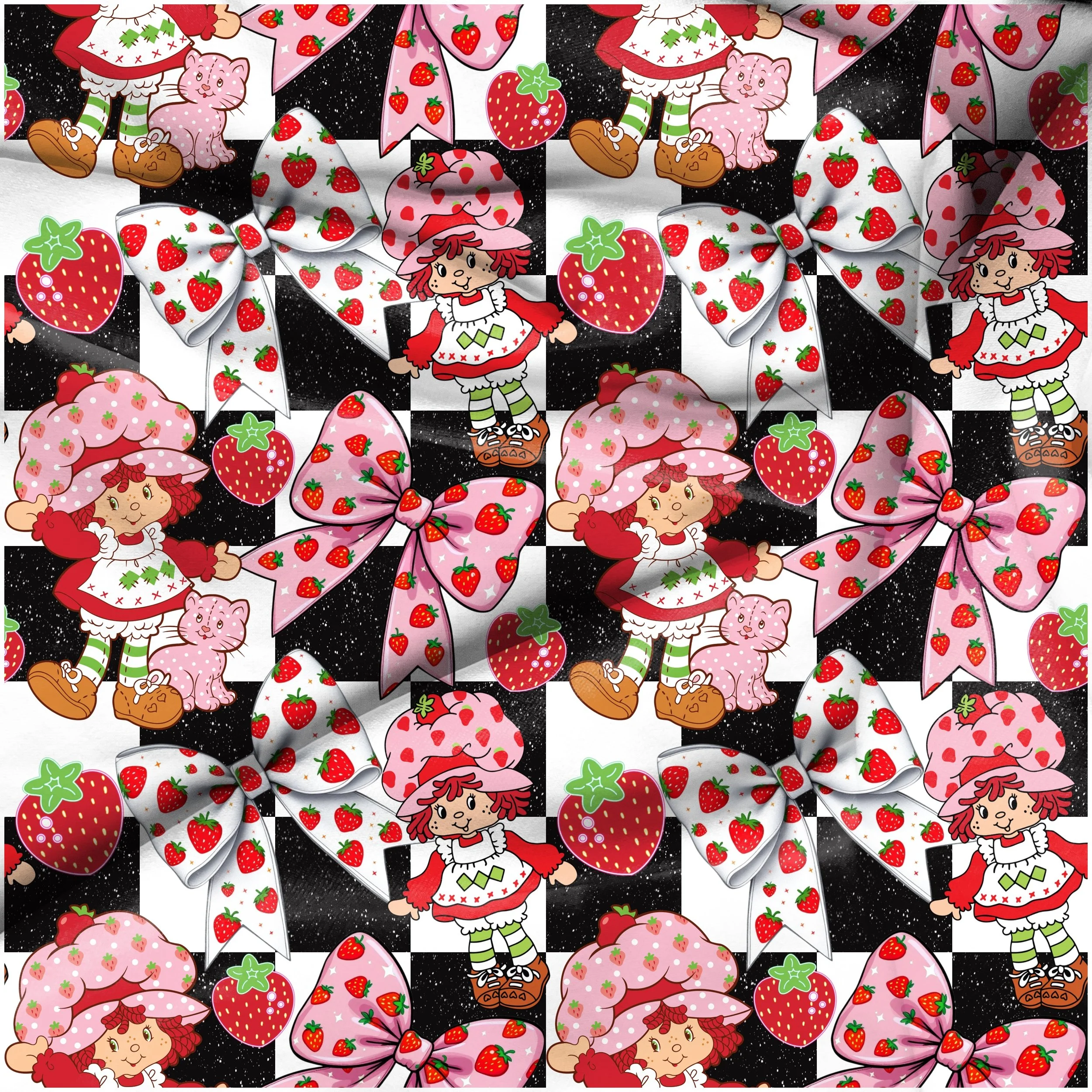 Vintage Strawberry Bows (black and white checked flecked color way)