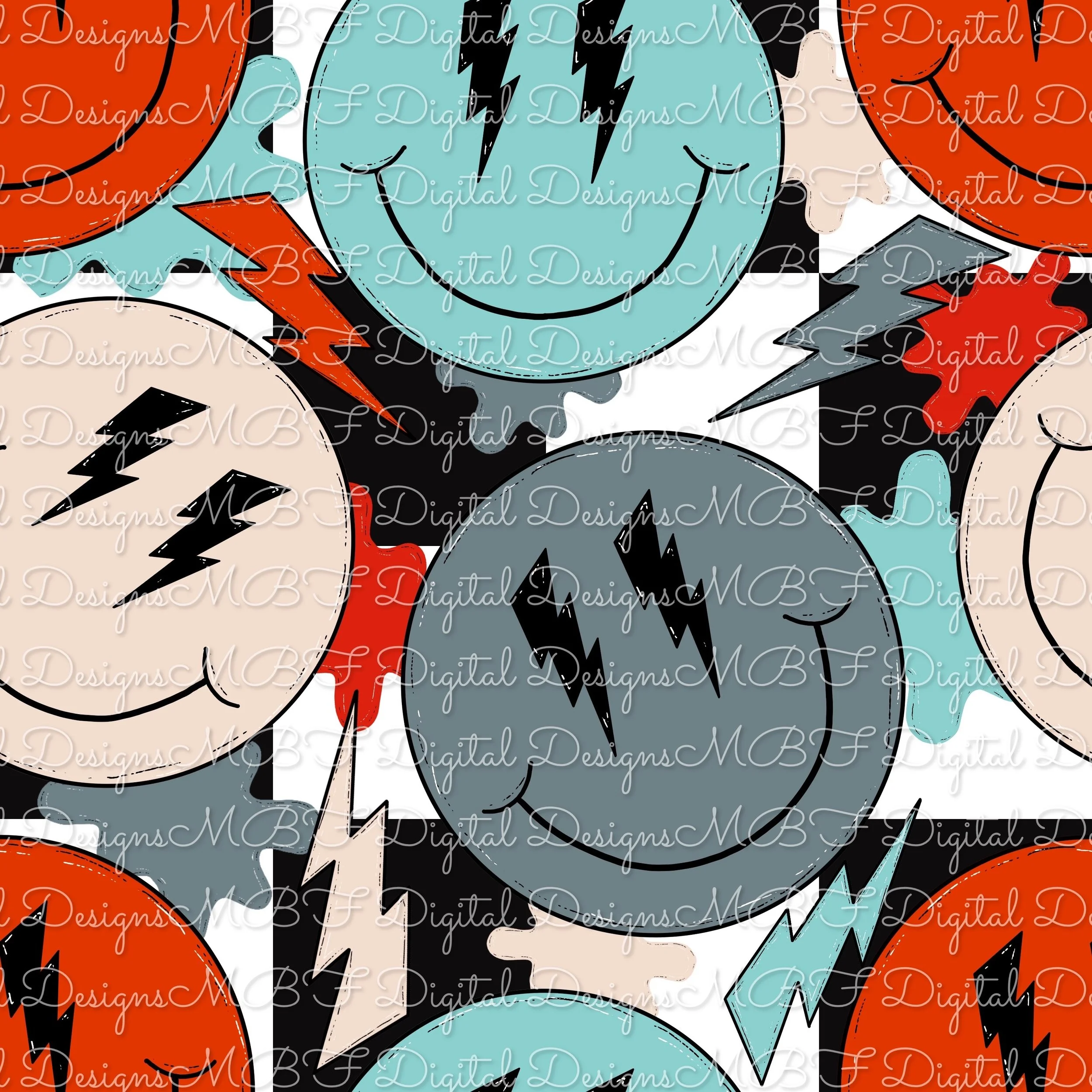 Lightening Smilies (black and white checked color way)