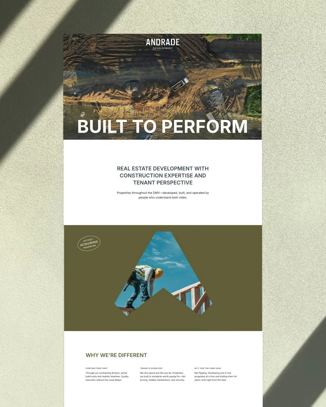 Keeping it simple (but always strategic). It's the little things!

Andrade Development was actively acquiring properties at the time of launch so the website had one job: make people take Andrade seriously before there's a lot to rent or finished bui