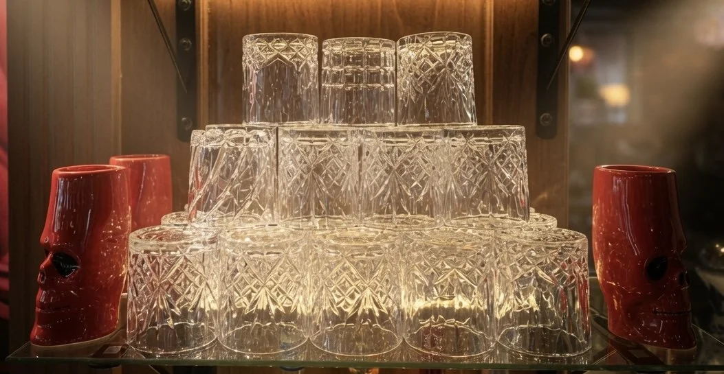 Getting ready for the Rush by organizing glassware behind the bar