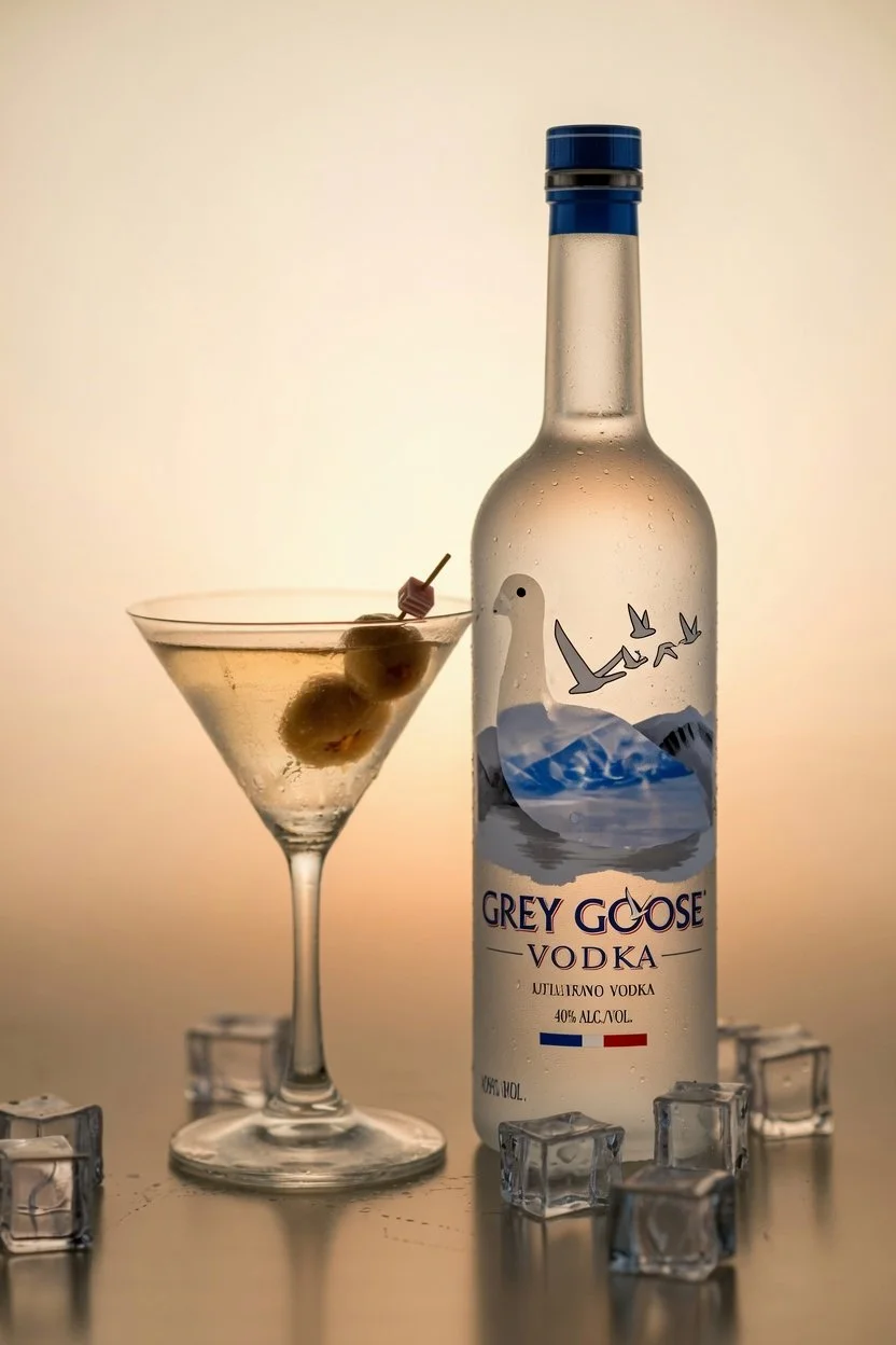 Grey Goose vodka martini with olives and ice cubes