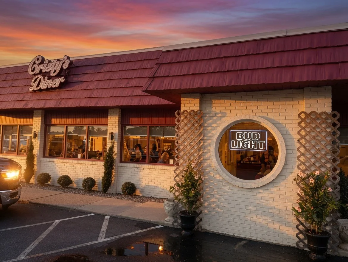Cristy's Diner exterior at sunset, 545 Winsted Road Torrington CT