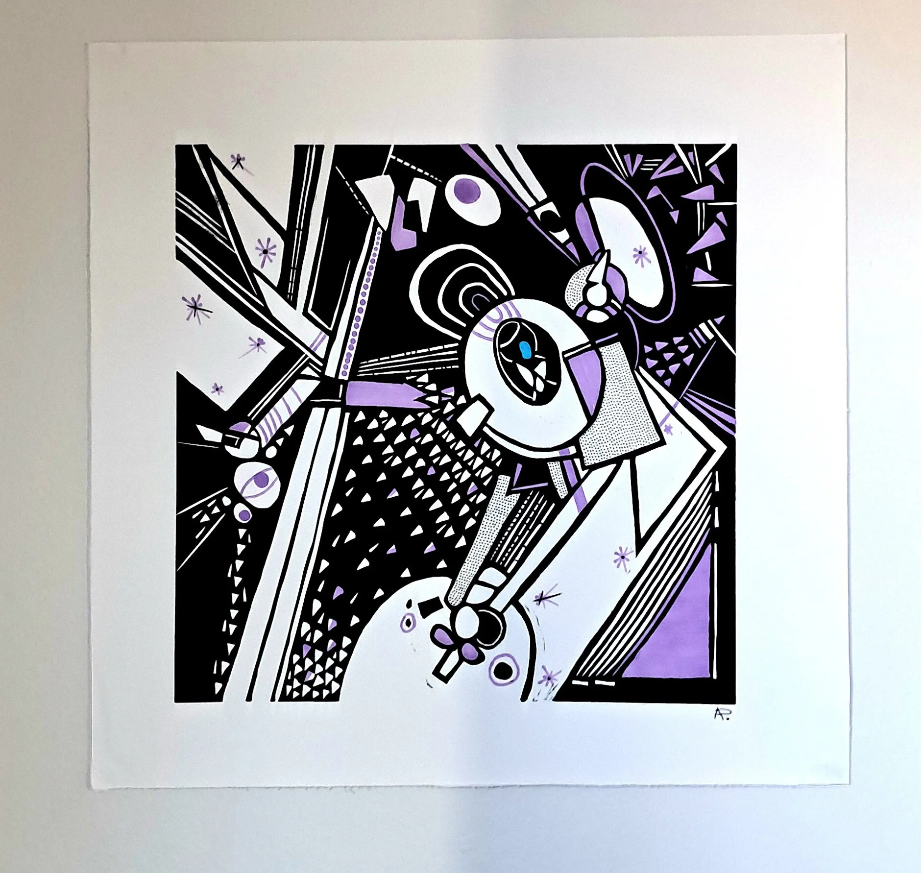 Abstract black, white, purple, and blue geometric art with various shapes and lines.