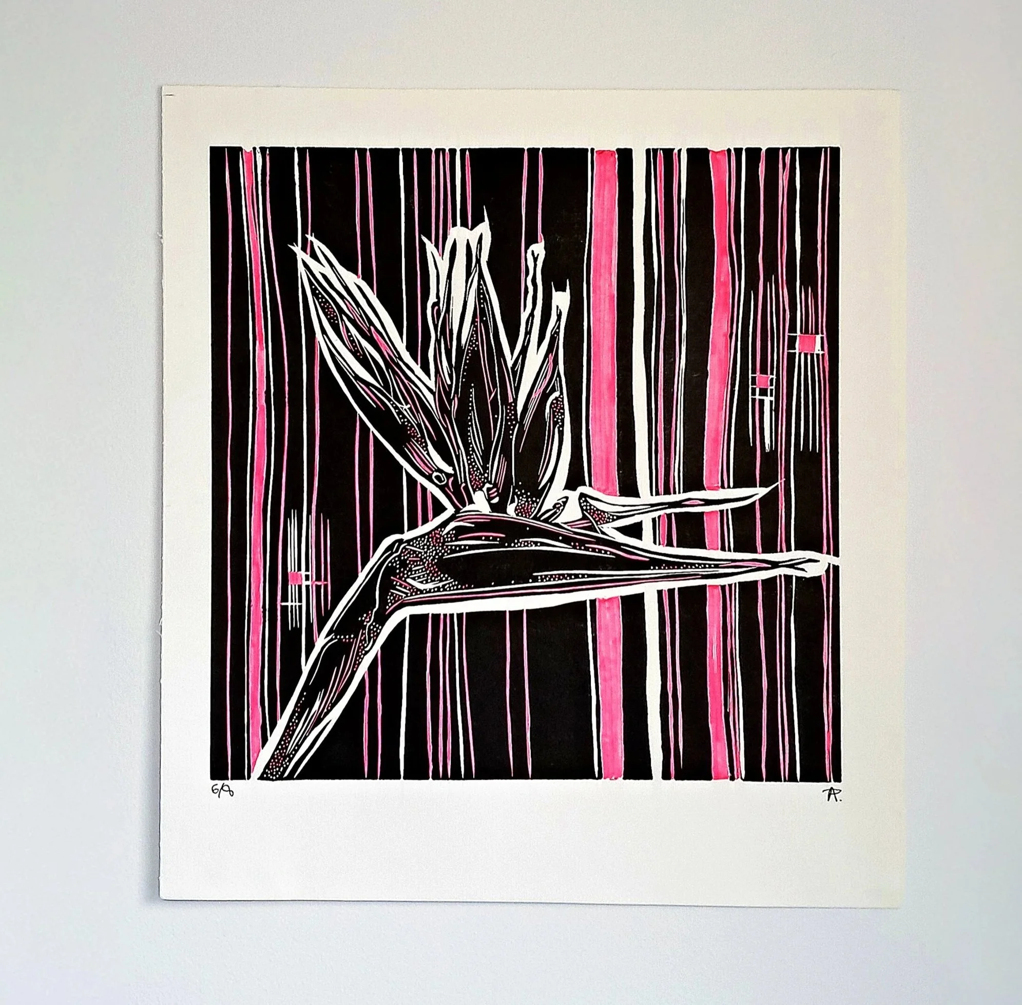 Art print of a hand holding a plant with long leaves, with vertical pink and white stripes in the background.