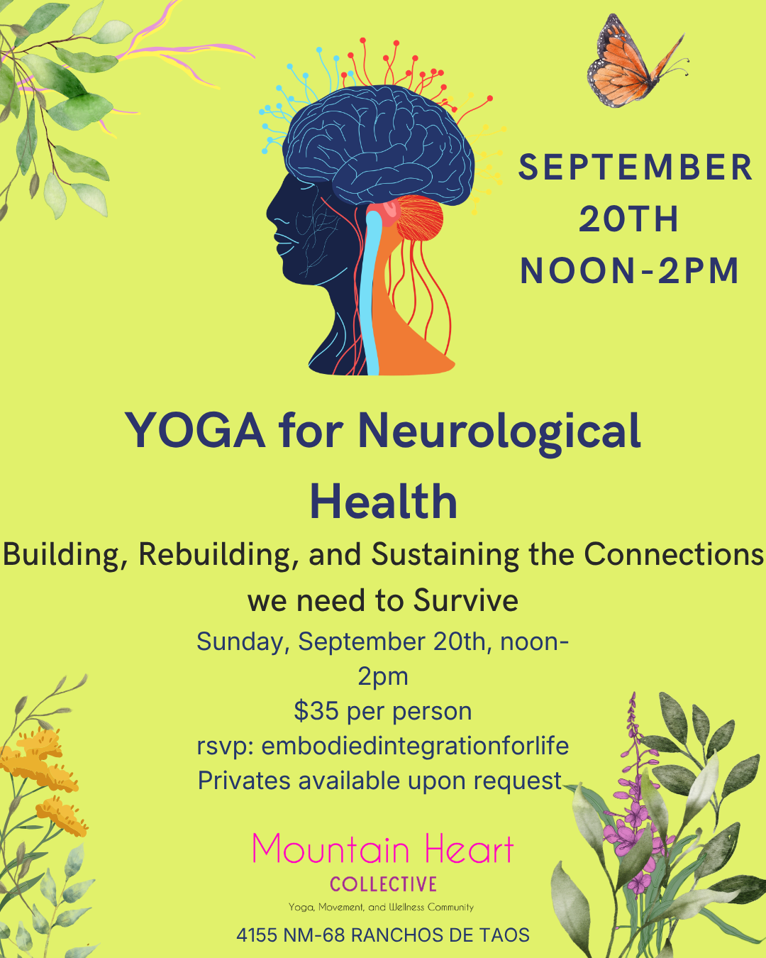 Event poster with a brain illustration and a butterfly. Scheduled for September 20th, from noon to 2 pm, about yoga for neurological health on a light green background with floral decorations.