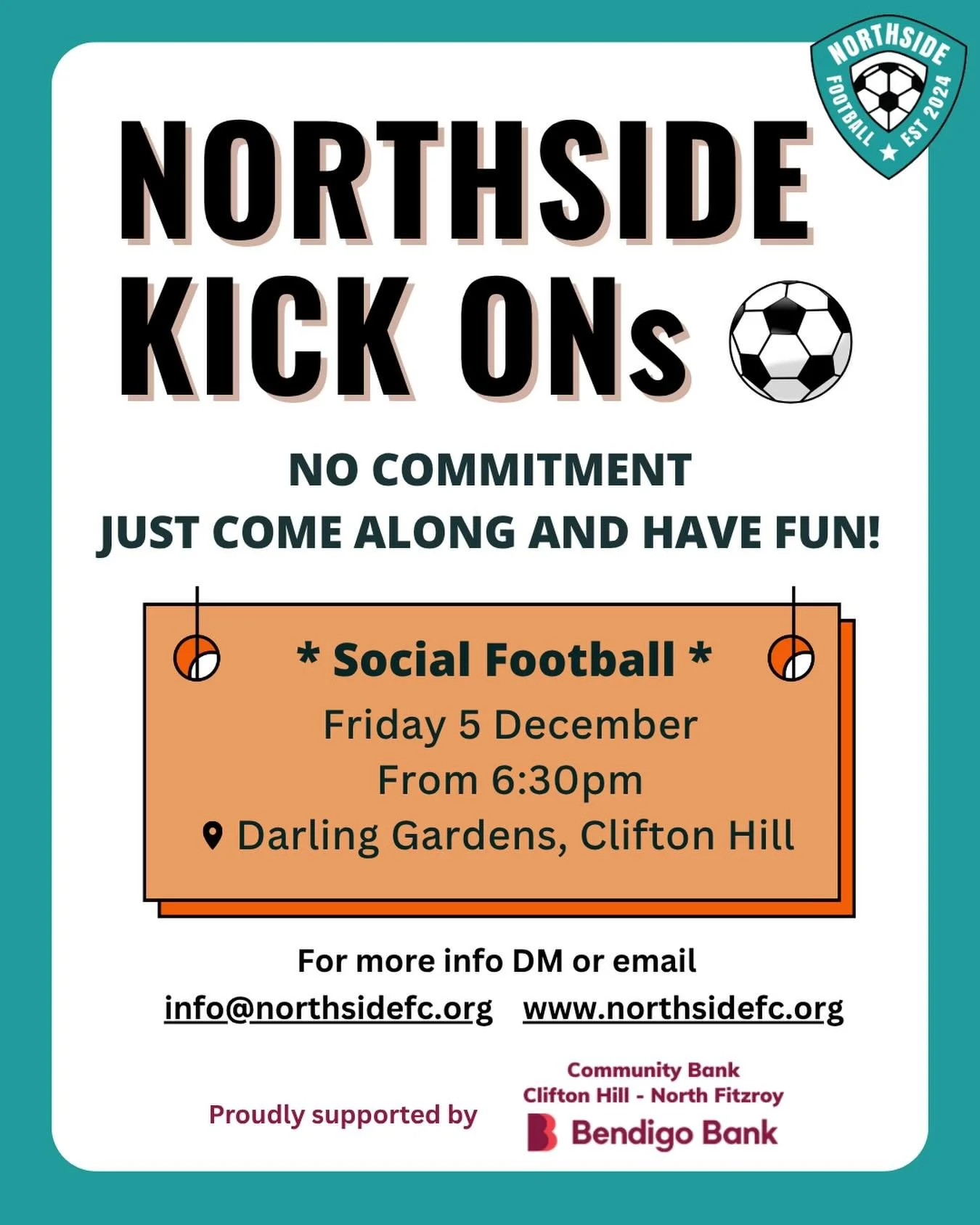🎉 Northside FC&rsquo;s LAST Kick On of the year! 🎉

Let&rsquo;s have one more kick-around  before the holiday-season chaos kicks in!
It will also be an opportunity to say goodbye to our bestest egg, Niamh, in proper Northside style 🥚💛

⚽ When: Fr