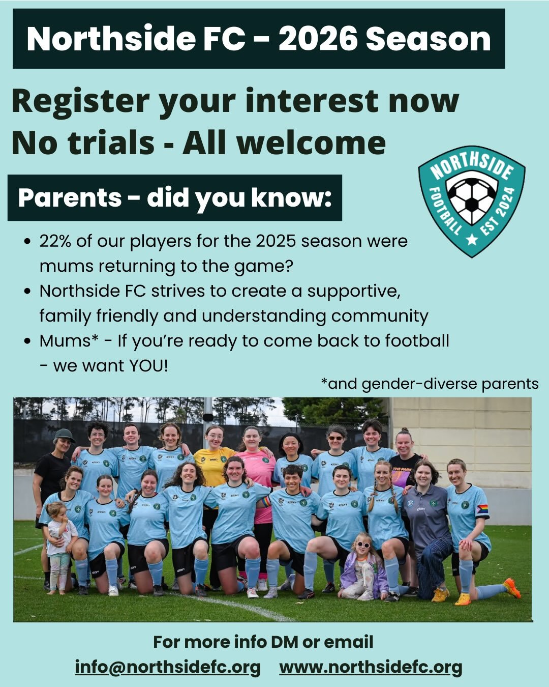 🌼⚽ HEY MUMS &mdash; READY TO RETURN TO THE GAME? ⚽🌼
If you&rsquo;ve been thinking about lacing up the boots again, this is your sign! Northside FC is looking for women and gender diverse parents keen to return to football in 2026. 🩶🩵

Whether it&