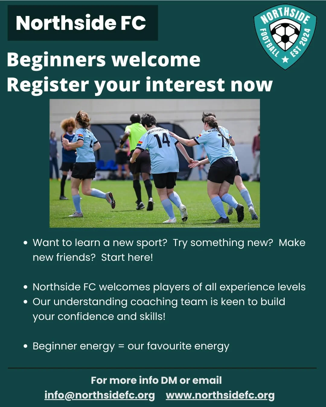 ⚽ BEGINNERS &mdash; THIS ONE&rsquo;S FOR YOU! ⚽
Thinking about giving soccer a go but never played before? Northside FC is the perfect place to start! 🩶🩵

Whether you&rsquo;re nervous, curious, excited or all of the above &mdash; you&rsquo;re absol