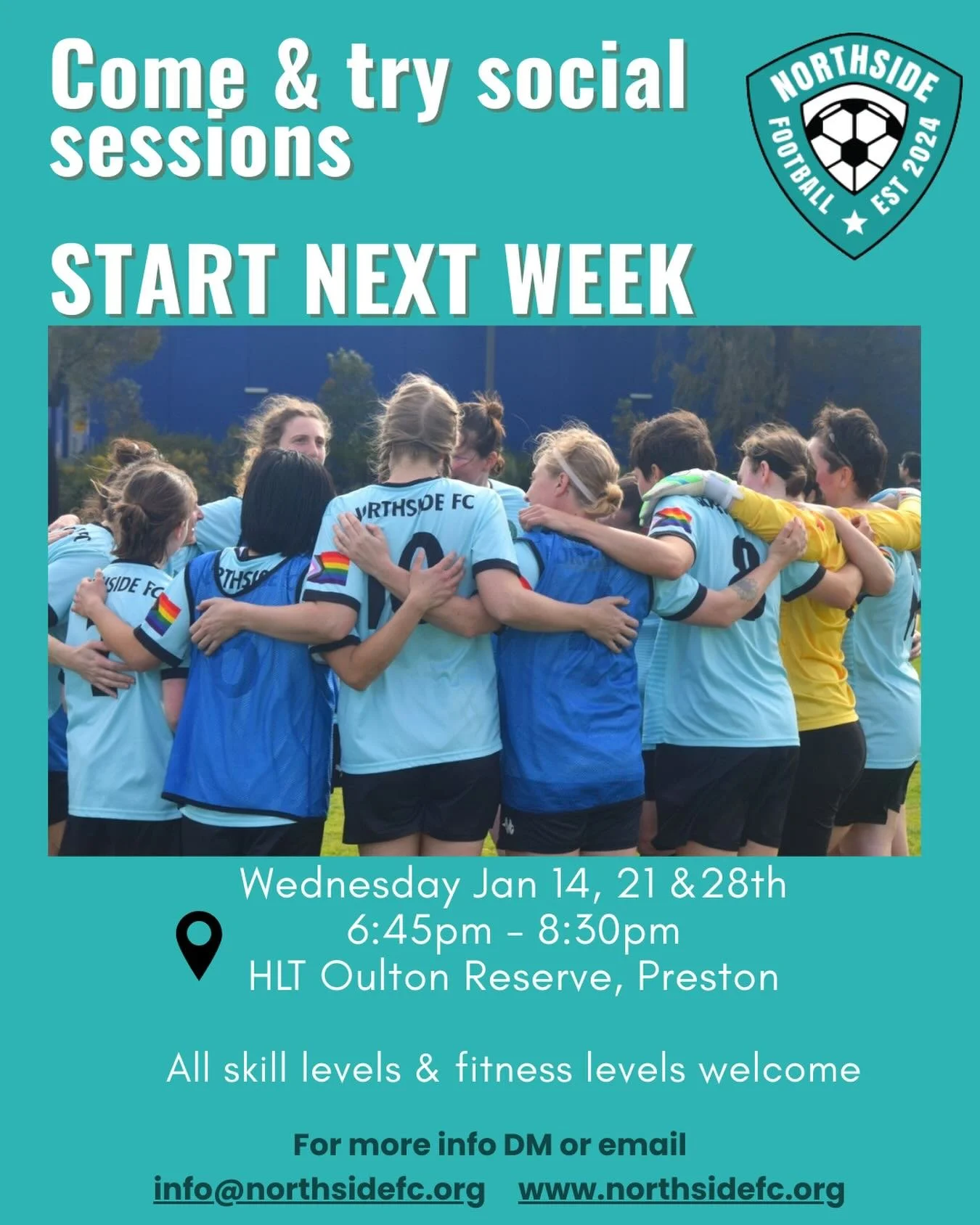 ⚽️ Northside FC Social Soccer ⚽️

The silly season is over &mdash; time to get moving 🙌

📆 Wed Jan 14, 21 &amp; 28
📍HLT Oulton Reserve l, Preston
⏰ 6:45- 8:30pm

✔️ No commitment
✔️ Just fun, fitness &amp; good company
✔️ Everyone is welcome &mdas