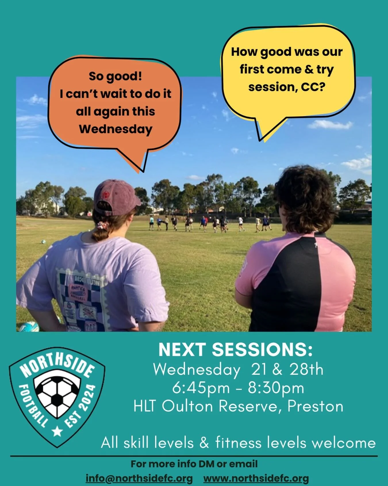 What a stellar turnout for our first social kick around / come &amp; try session of the year! ⚽️

A HUGE welcome to all of the new players who came down.  We hope you had just as much fun as we did.

Our next session is this Wednesday.  Same time, sa