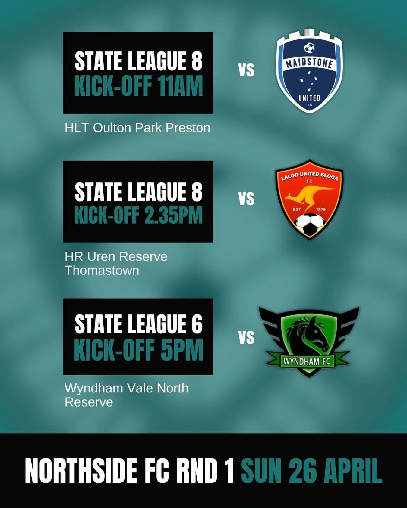 Round 1 &ndash; here we go! 🩵⚽️ After a strong pre-season, we&rsquo;re ready to get stuck into the 2026 season 🙌

This year we&rsquo;re proud to have three teams across two leagues:
⚽ State League 6
⚽ Two State League 8 teams

Our Round 1 matchups: