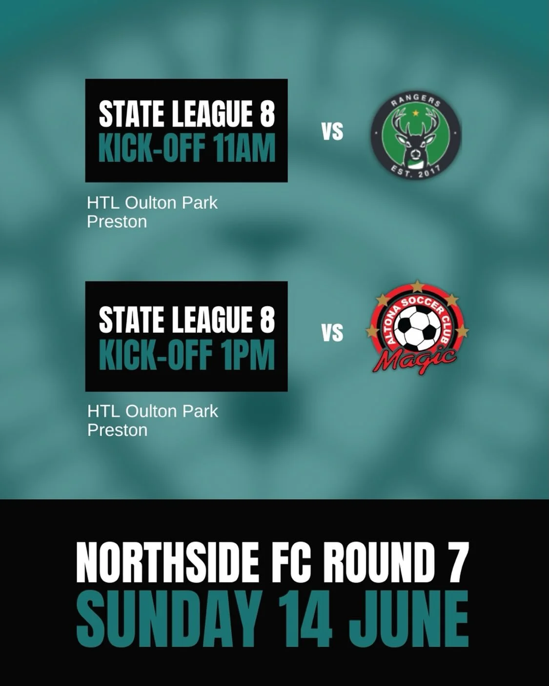 🩵⚽️ It&rsquo;s a double-header at home this Sunday! 🙌

Our State League 8 sides take on 
@footscrayrangersfc and @altonamagic as Northside FC returns to home turf.

Come down and show your support!

#WomenInFootball #InclusiveFootball #GameDay