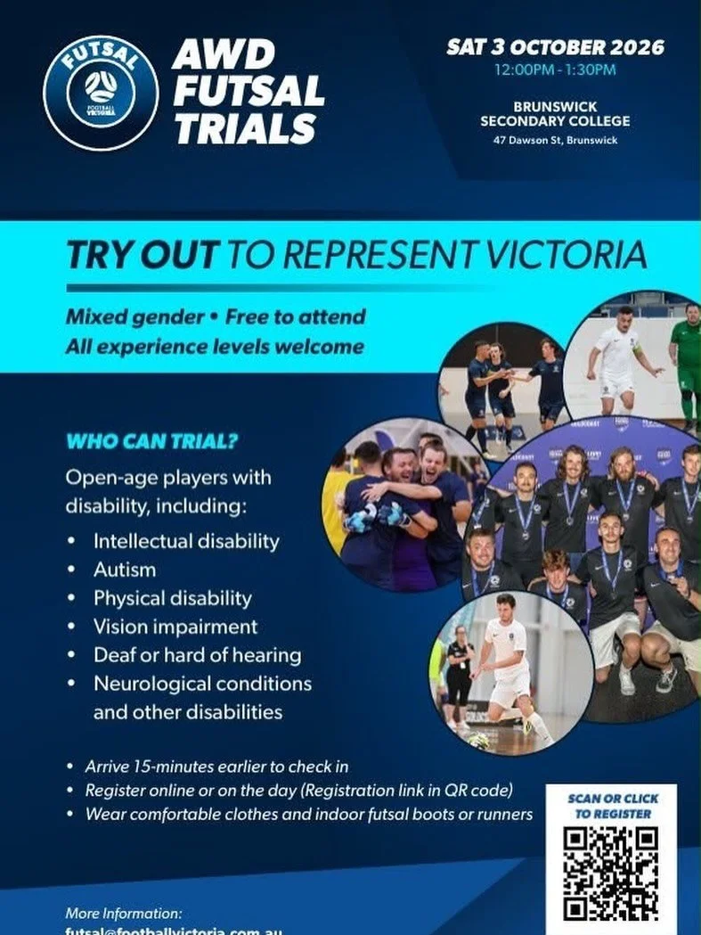 ⚽️ WANT TO REPRESENT VICTORIA IN FUTSAL? 💙

Football Victoria is holding AWD Futsal Trials and Northside FC players are encouraged to get involved!

📅 Saturday 3 October 2026
⏰ 12:00pm&ndash;1:30pm
📍 Brunswick Secondary College
47 Dawson St, Bruns