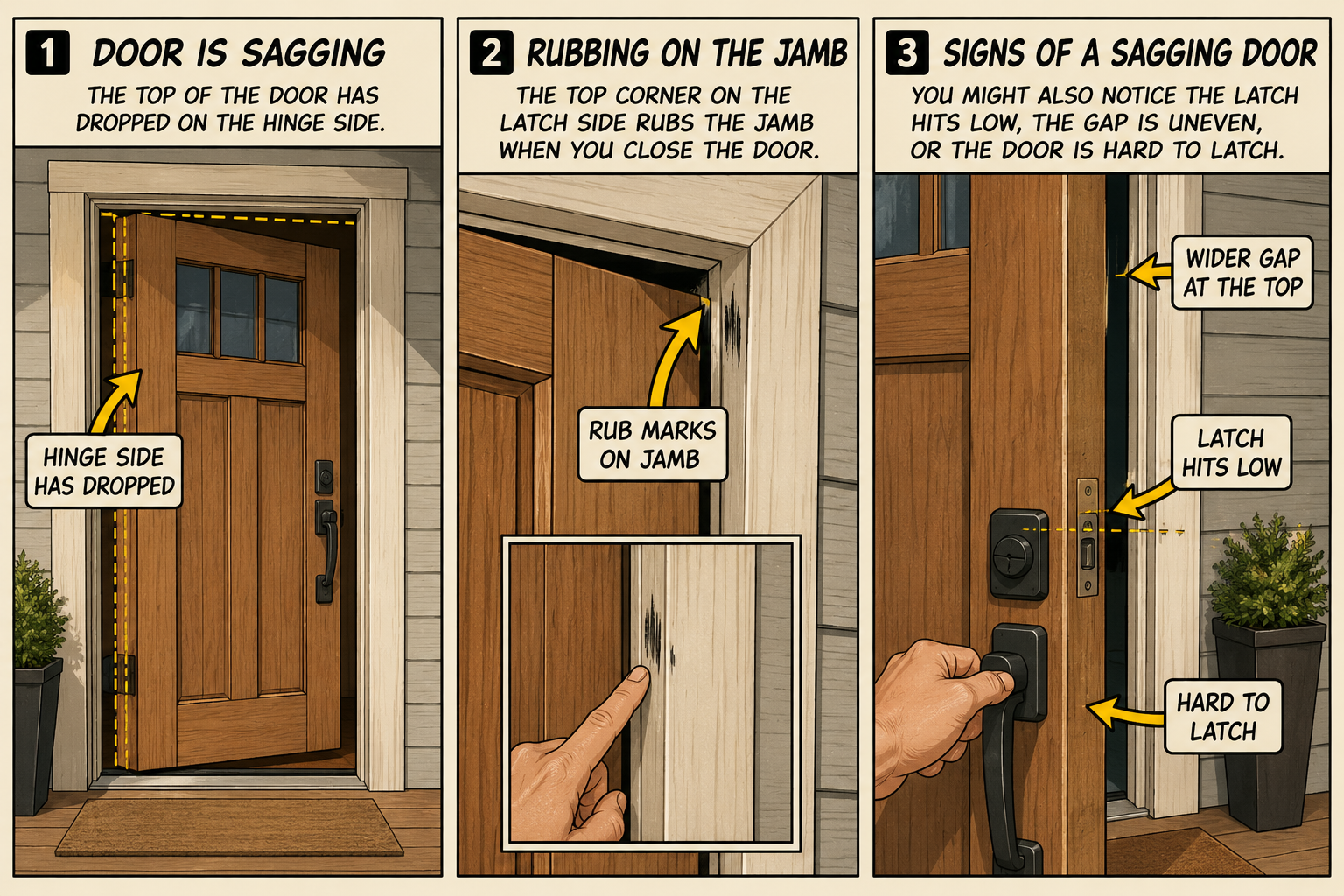 Comic-style guide showing a sagging front door rubbing the jamb, with callouts for uneven reveal gaps, rub marks, low latch alignment, and a door that is hard to latch.