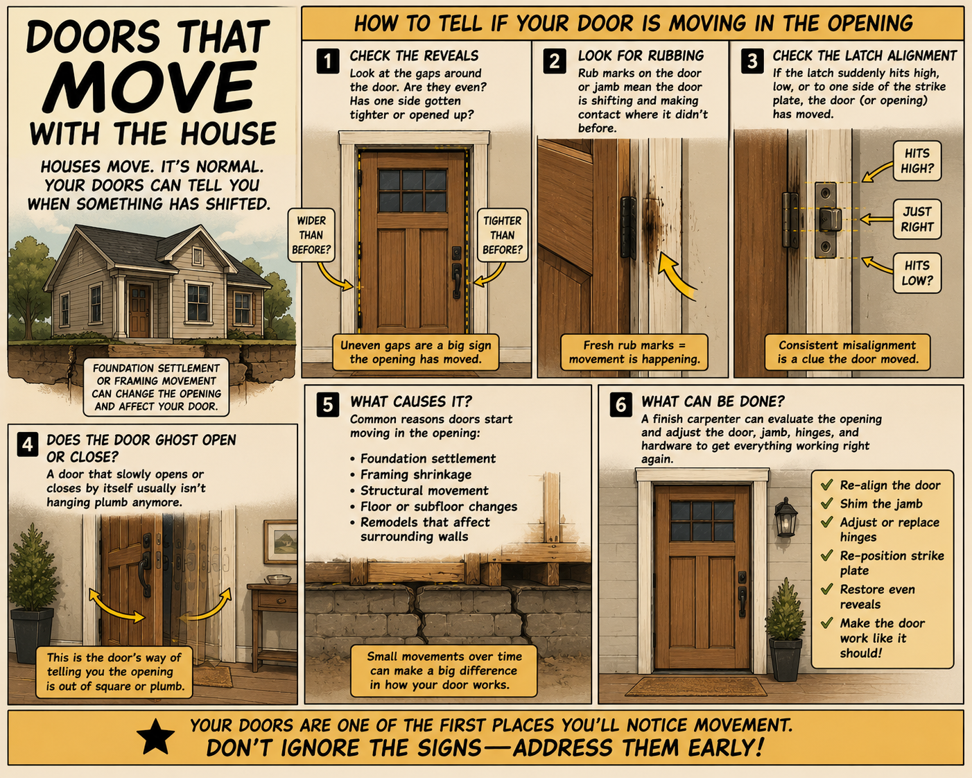 Comic-style illustration showing how foundation settling or framing movement can shift a door opening, causing uneven reveals, rubbing, squeaking, latch misalignment, and ghost swing.