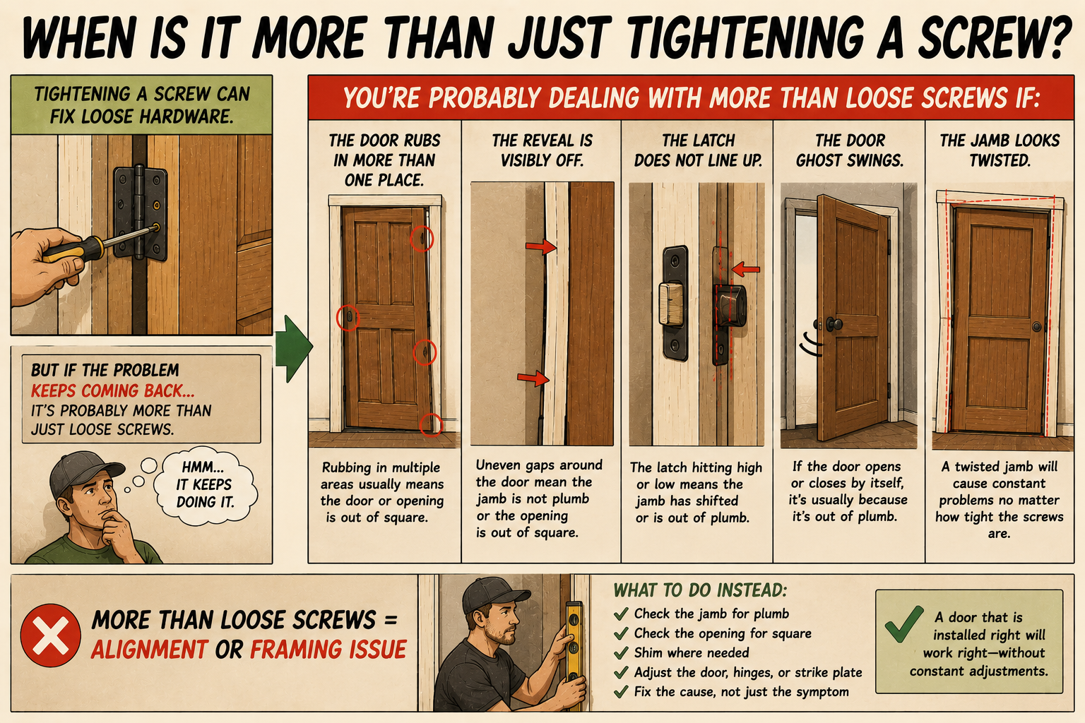 Comic-style illustration explaining when a door problem is more than loose screws, showing signs like repeated rubbing, uneven reveals, latch misalignment, ghost swing, and a twisted jamb.