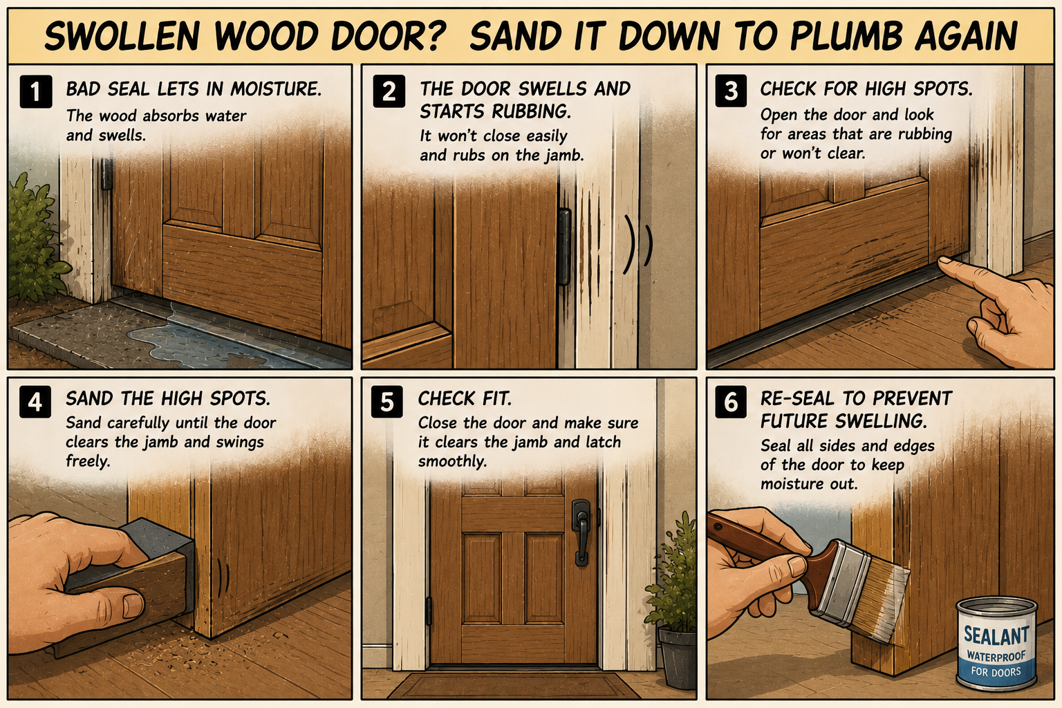Comic-style illustration showing a swollen wood door caused by a bad seal, with steps for finding high spots, sanding the rubbing areas, checking the fit, and resealing the door to prevent future swelling.