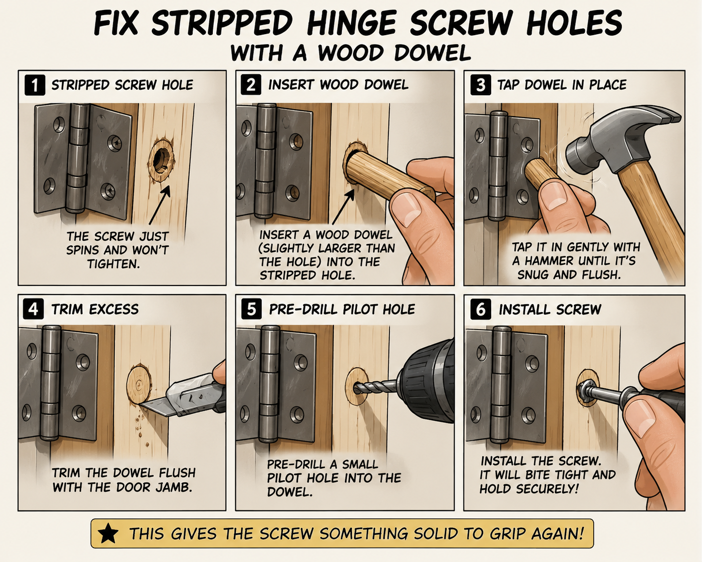 Instructional cartoon showing how to fix stripped door hinge screw holes by tapping a wood dowel into the damaged hole, trimming it flush, pre-drilling, and reinstalling the hinge screw.