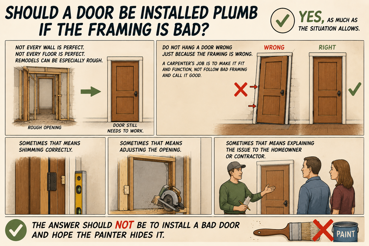 Comic-style illustration explaining why a door should still be installed plumb when framing is bad, showing rough openings, shimming, adjusting the opening, and avoiding a bad install hidden by paint.