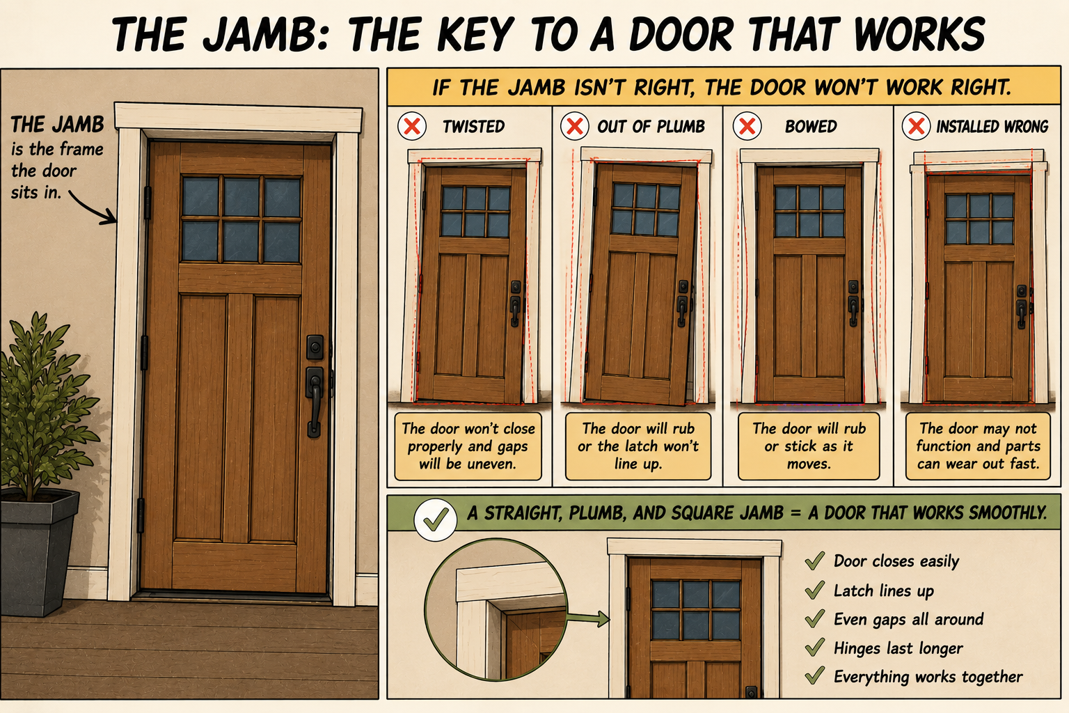 Comic-style illustration explaining that the door jamb is the frame the door sits in, showing how a twisted, bowed, out-of-plumb, or poorly installed jamb can cause rubbing, uneven gaps, and latch problems.