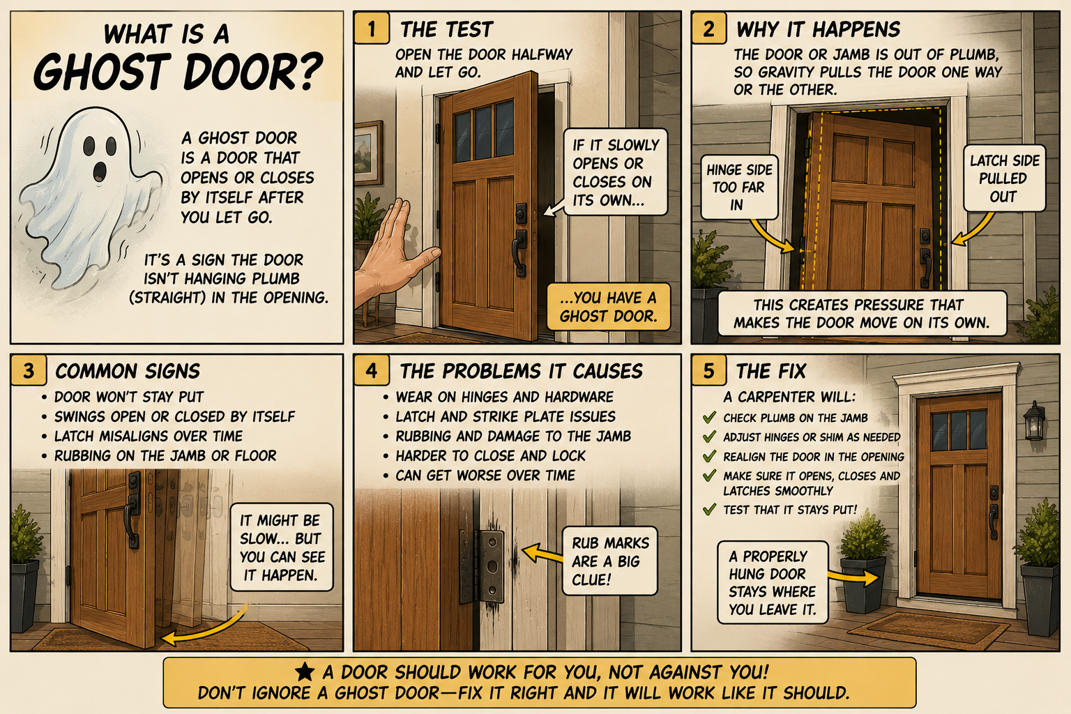 Comic-style illustration explaining a ghost door, showing a door that opens or closes by itself because it is out of plumb, with examples of uneven reveals, swing direction, and hinge adjustment.