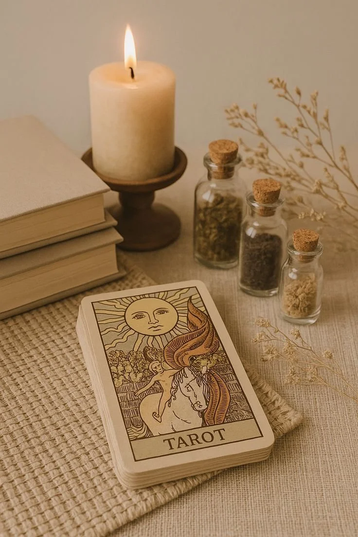 A deck of tarot cards titled 'TAROT' placed on a woven fabric, with a lit candle in a wooden holder, three small glass jars with cork stoppers containing dried herbs or spices, a stack of books, and dried flowers on a beige cloth background.