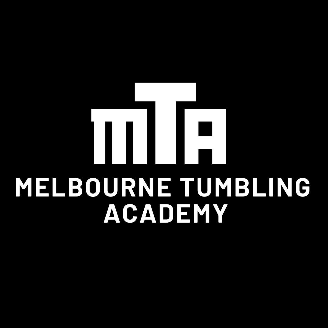 Black background with white logo for Melbourne Tumbling Academy, featuring stylized letters T, A, and M above the full name.