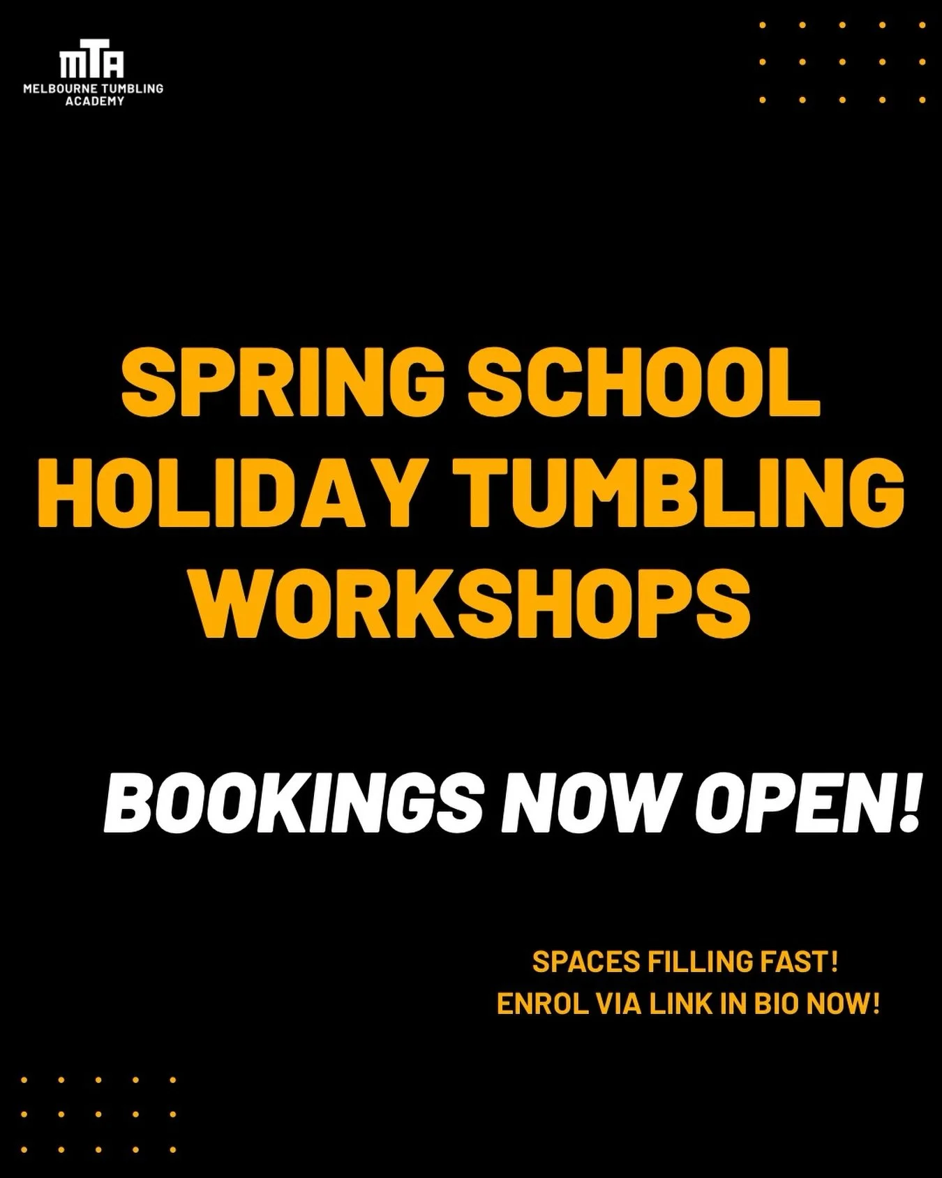 🌸 SPRING SCHOOL HOLIDAY TUMBLING PROGRAM! 🤩

Our Spring School Holiday Tumbling Workshops are NOW LIVE! 😍🙌

Whether you&rsquo;re just starting out or looking to take your tumbling to the next level, we have a workshop for you! 💪⭐️

Our Available