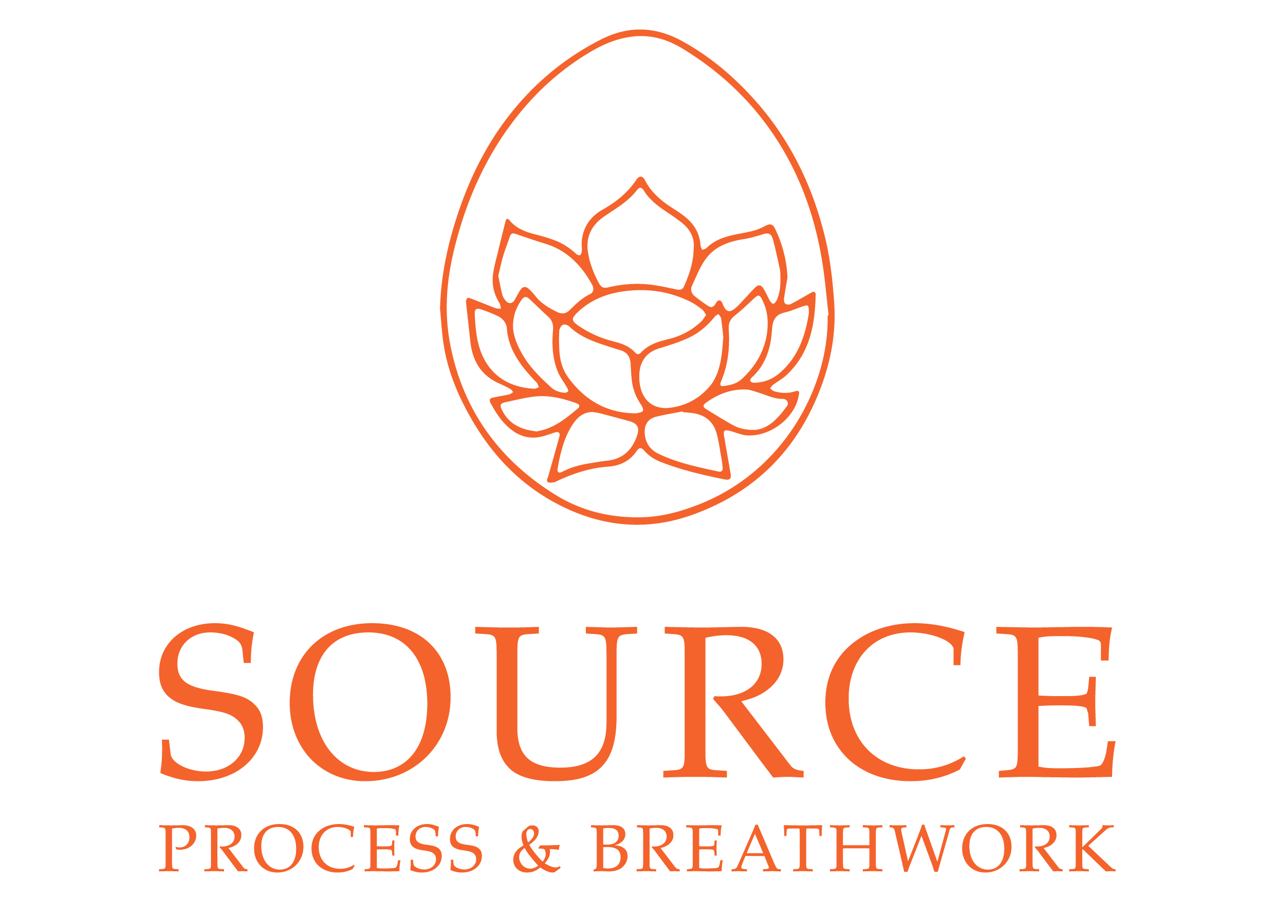 A logo for Source Process & Breathwork featuring an orange lotus flower inside an oval shape on a black background with the text "SOURCE" in large orange letters and "PROCESS & BREATHWORK" in smaller orange letters below.