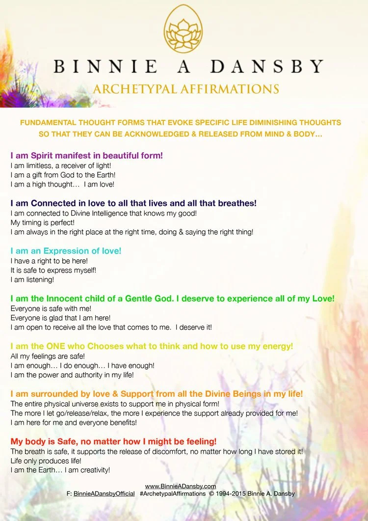 A digital document titled 'Binnie A Dansby Archetypal Affirmations' with colorful, abstract background on the left side. The document contains a series of positive affirmations in various colors, emphasizing spiritual connection, love, safety, and empowerment.