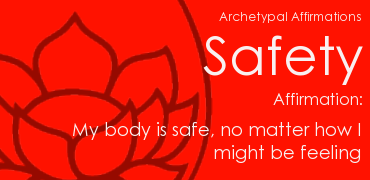 Red background with a lotus flower outline and white text listing safety affirmations
