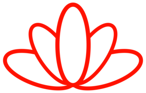 A red outline of a stylized lotus flower.