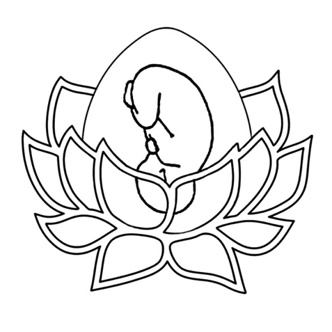 Outline drawing of a pregnant woman sitting in a lotus flower, with a large eye in the background.