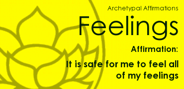 Yellow background with a lotus flower outline and text about feelings, affirmations, and safety to feel all feelings.