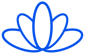 Outline drawing of a stylized flower or lotus in blue.