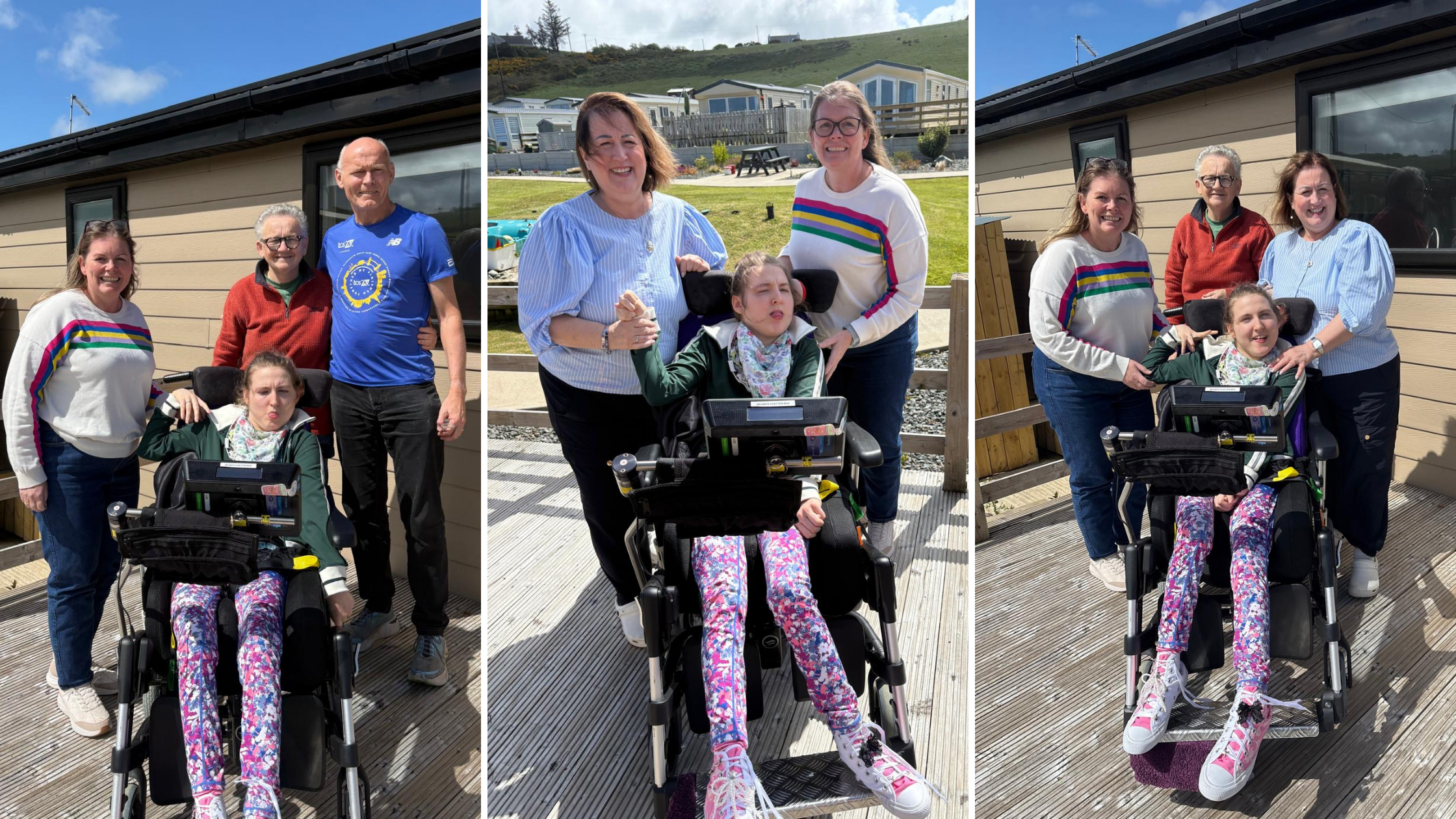 A collage of three outdoor photos showing a young person in a powered wheelchair with different groups of people posing together on a decked area, with holiday lodges and a hillside visible in the background.