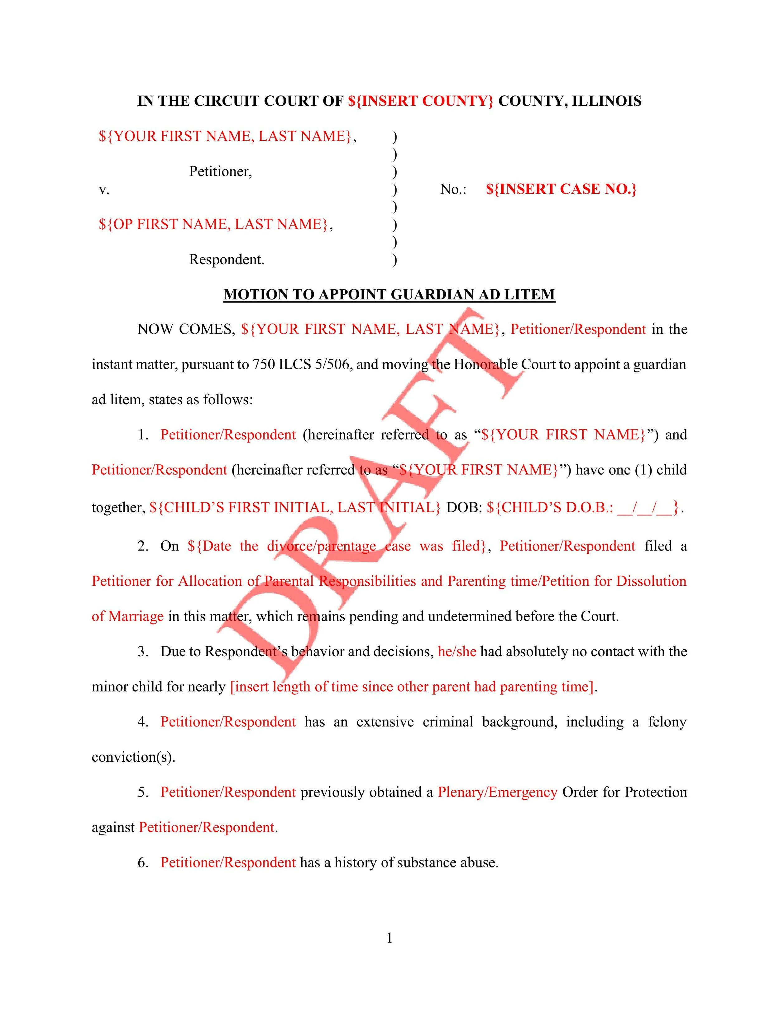 Motion to Appoint a Guardian ad Litem (Domestic Violence)